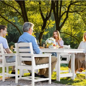 SERWALL 7-Piece Patio Table Set, Outdoor HDPE Dining Furniture with Umbrella Hole, All Weather Table and Chairs for Lawn, Garden, Poolside, Aruba