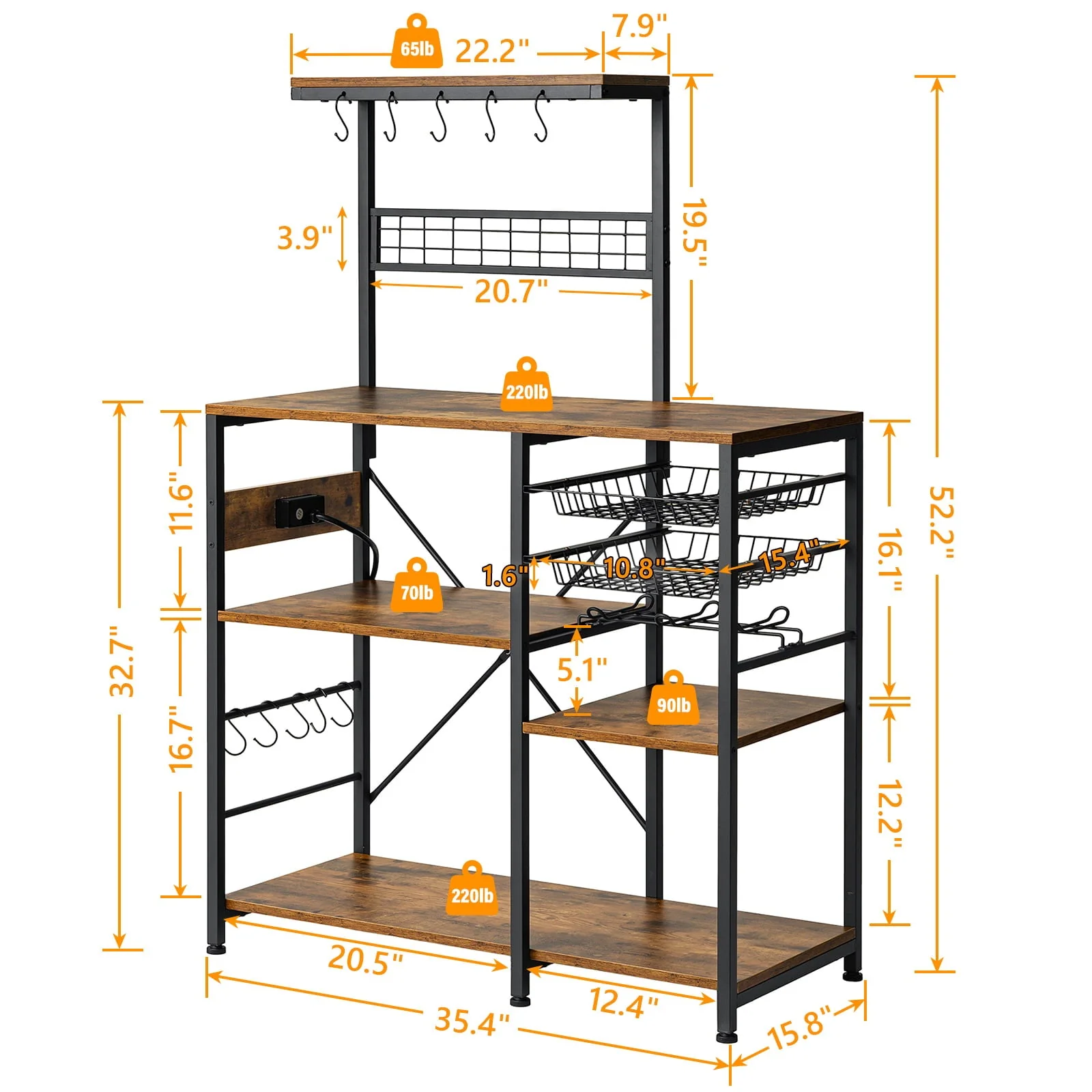Dinaza Bakers Rack with Power Outlet 4/5 Tier Microwave Stand with Kitchen Storage Shelf Rack Mug Holder 10 S-Shaped Hooks for Kitchen Living Room Coffee Bar Station