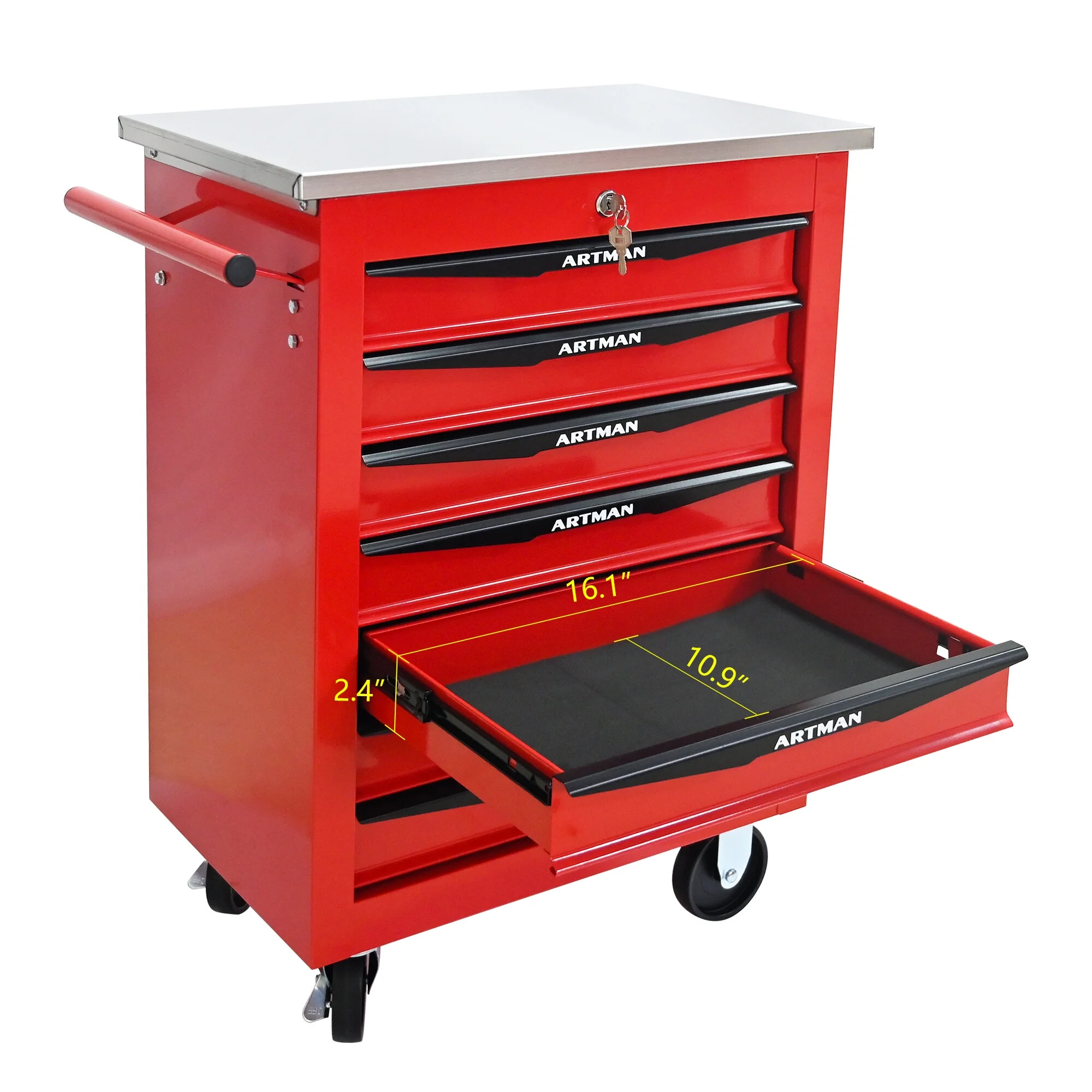Tool Cabinets 4 Drawers Multifunctional Tool Cart with Wheels,Metal Rolling Tool Cart Storage for Garage Workshop Warehouse Repair Shop--With Stainless Steel Roof- Red&Black,Garage Tool Cabinets