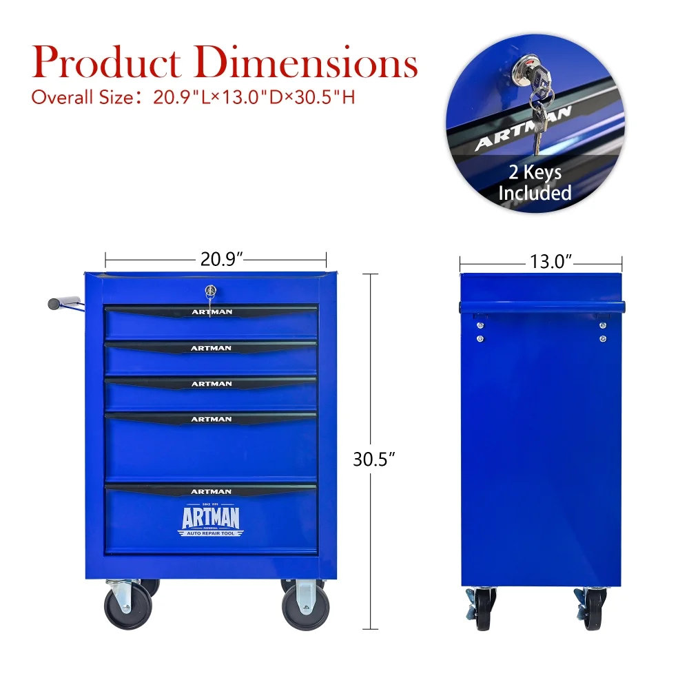 Rolling Metal Tool Chest with 5 Drawers, 20" 5-Drawer Tool Chest Cabinet with Ball Bearing Drawer Slides, Steel Tool Storage Box Organizer