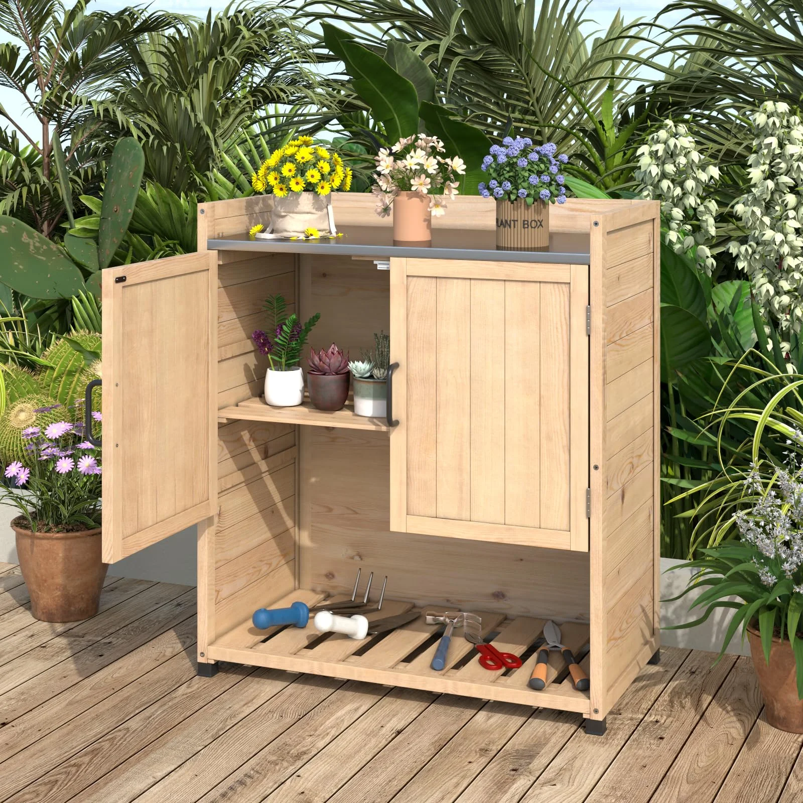 YODOLLA Potting Bench, Wooden Outdoor Storage Cabinet with Adjustable Shelf, Patio Storage with Metal Tabletop, Potting Table for Garden, Patio and Lawns, Gray