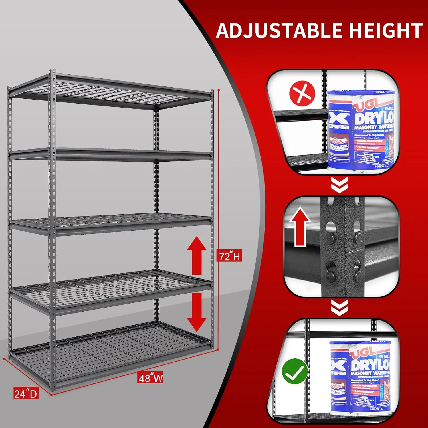Shuntong The Atlas 60"H Heavy Duty Garage Shelving, 5-Tier Metal Shelving Unit, Adjustable Storage Rack, Industrial Strength Shelves for Heavy Tools and Equipment, Black, Load 2500 lbs