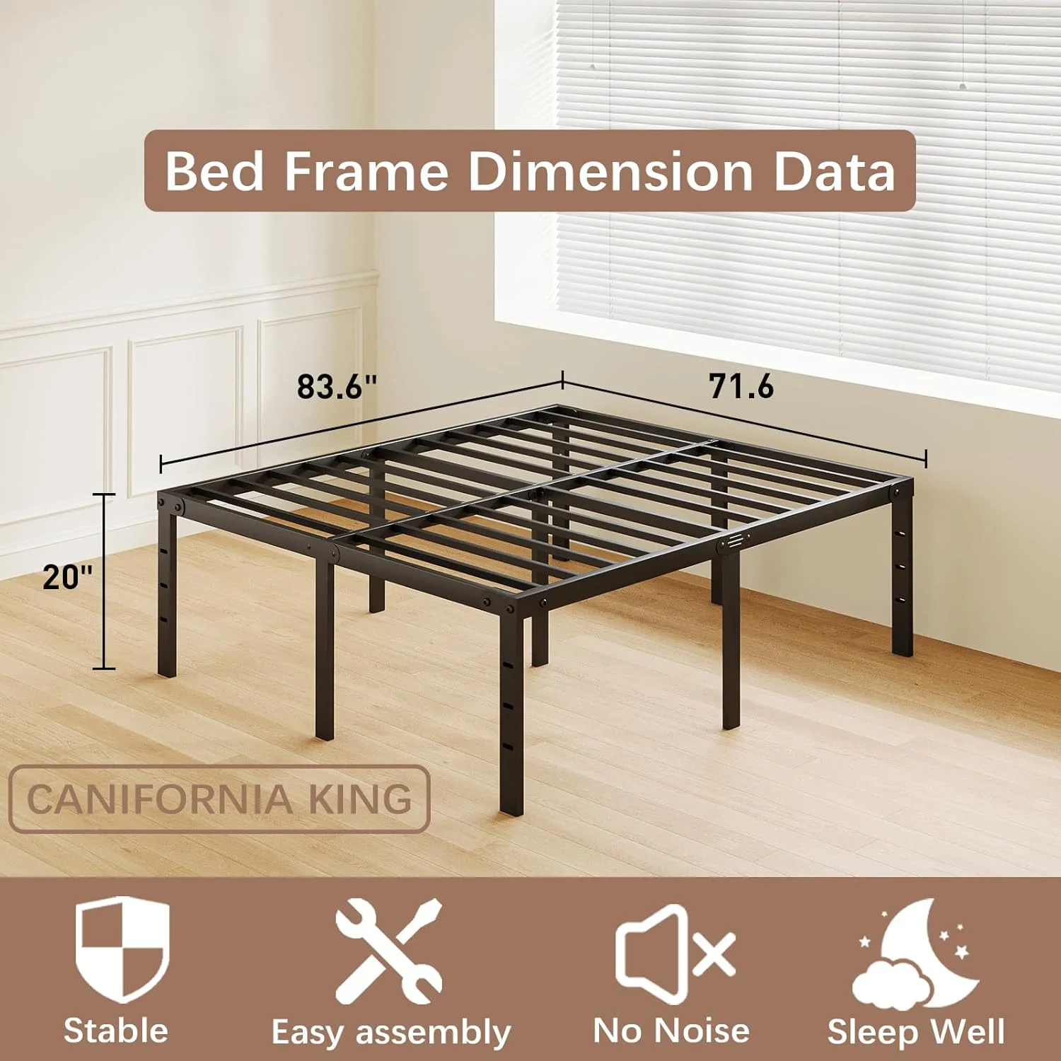 20 Inch King Bed Frame No Box Spring Needed, Heavy Duty Tall Metal Platform with Large Storage Space, Easy Assembly Strong Bearing Capacity, Noise Free