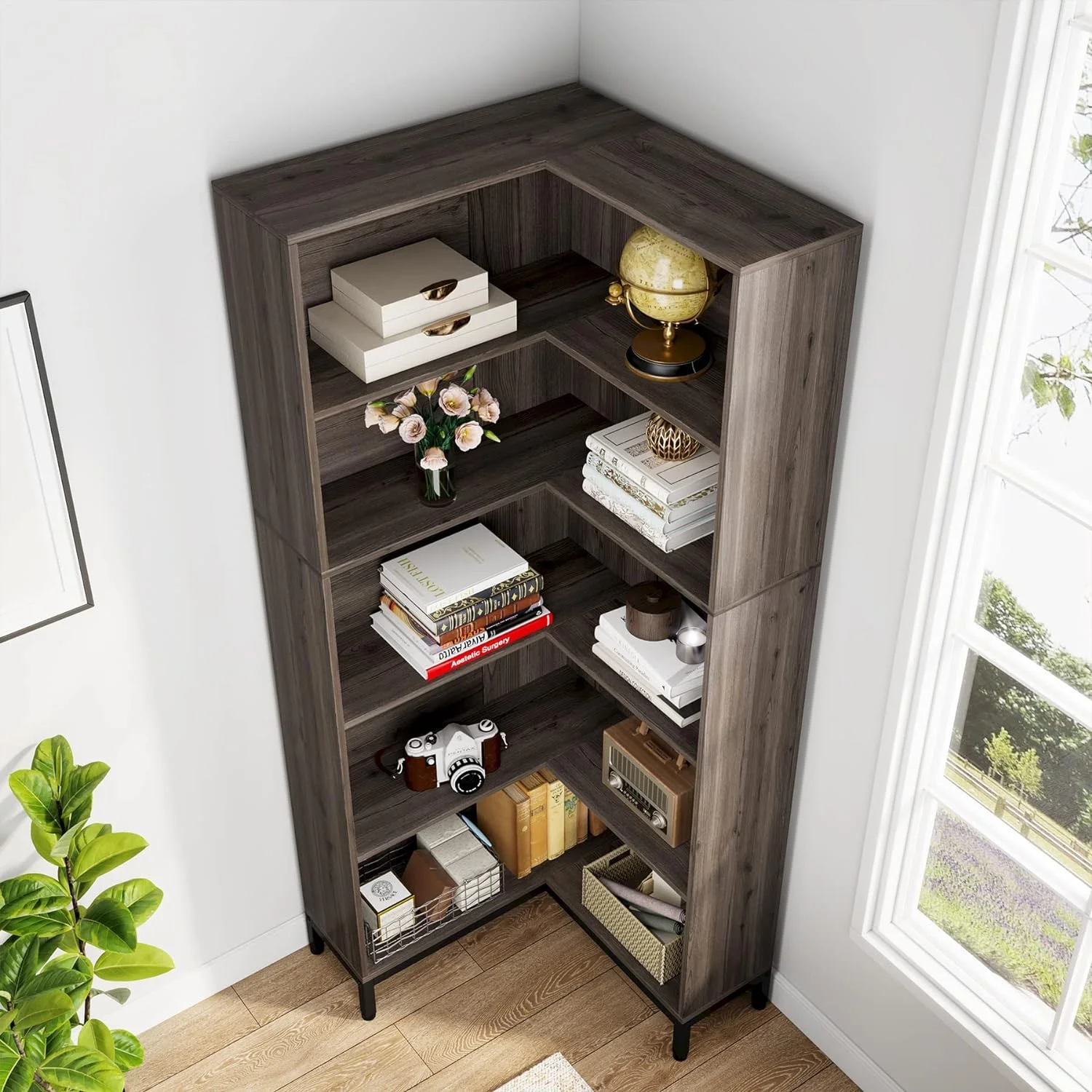 Tribesigns 71" L-Shaped Bookcase, 6-Tier Corner Bookshelf, Industrial Storage Display Rack, Grey