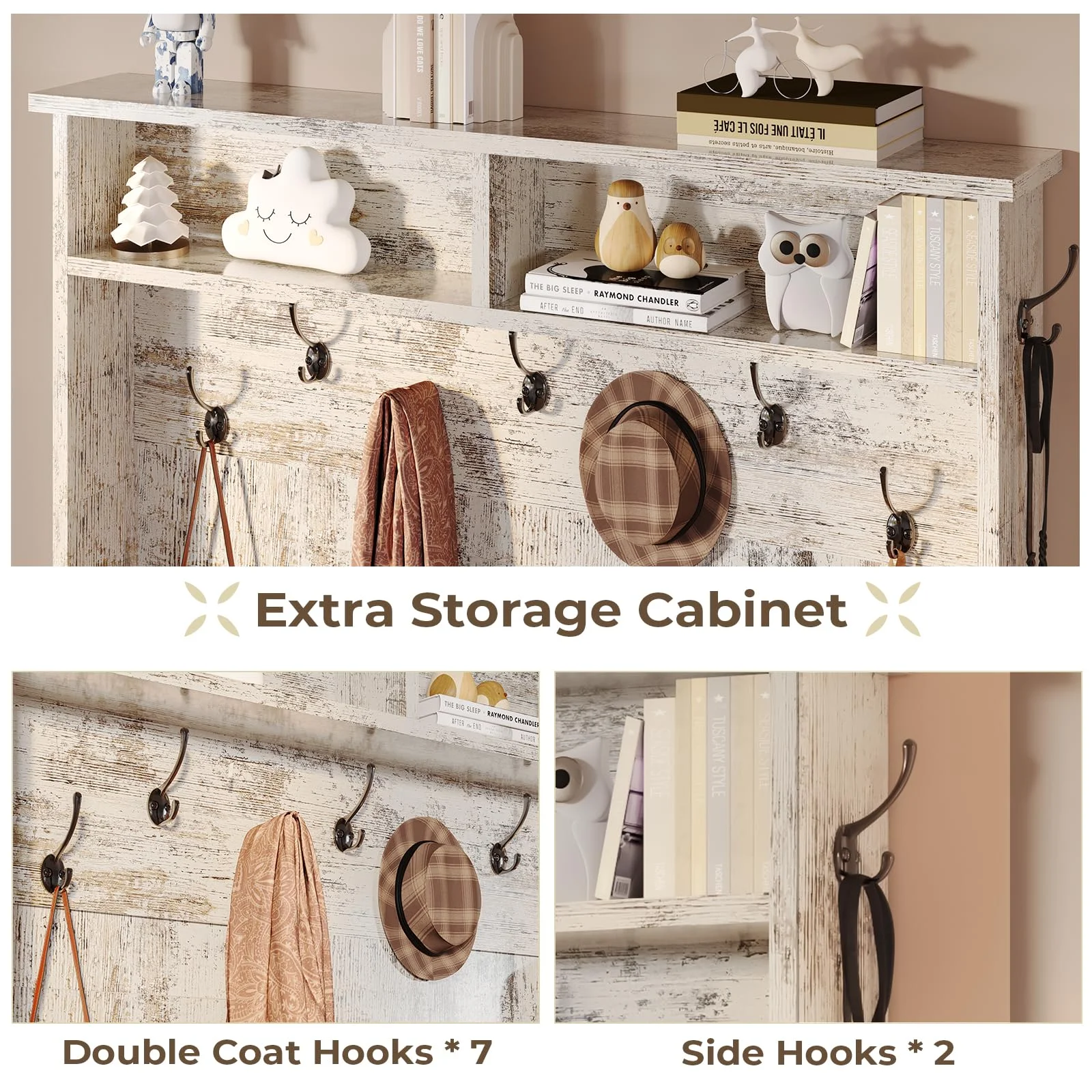 5-in-1 Entryway Bench with Coat Rack, Hall Tree with Bench and Shoe Storage, Rustic Brown