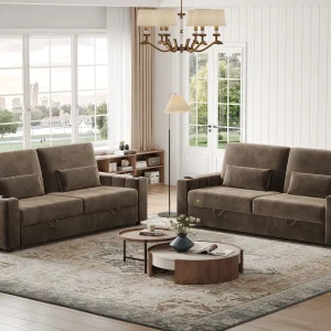 87-Large Loveseat Sofa, 3 Seater Couch with Storage, Velvet Fabric Deep Seat Sofa with Pillow& Cup Holders, Modern Comfy Sofa with USB& Type-C Ports, Home Sofa Couch for Living Room Bedroom