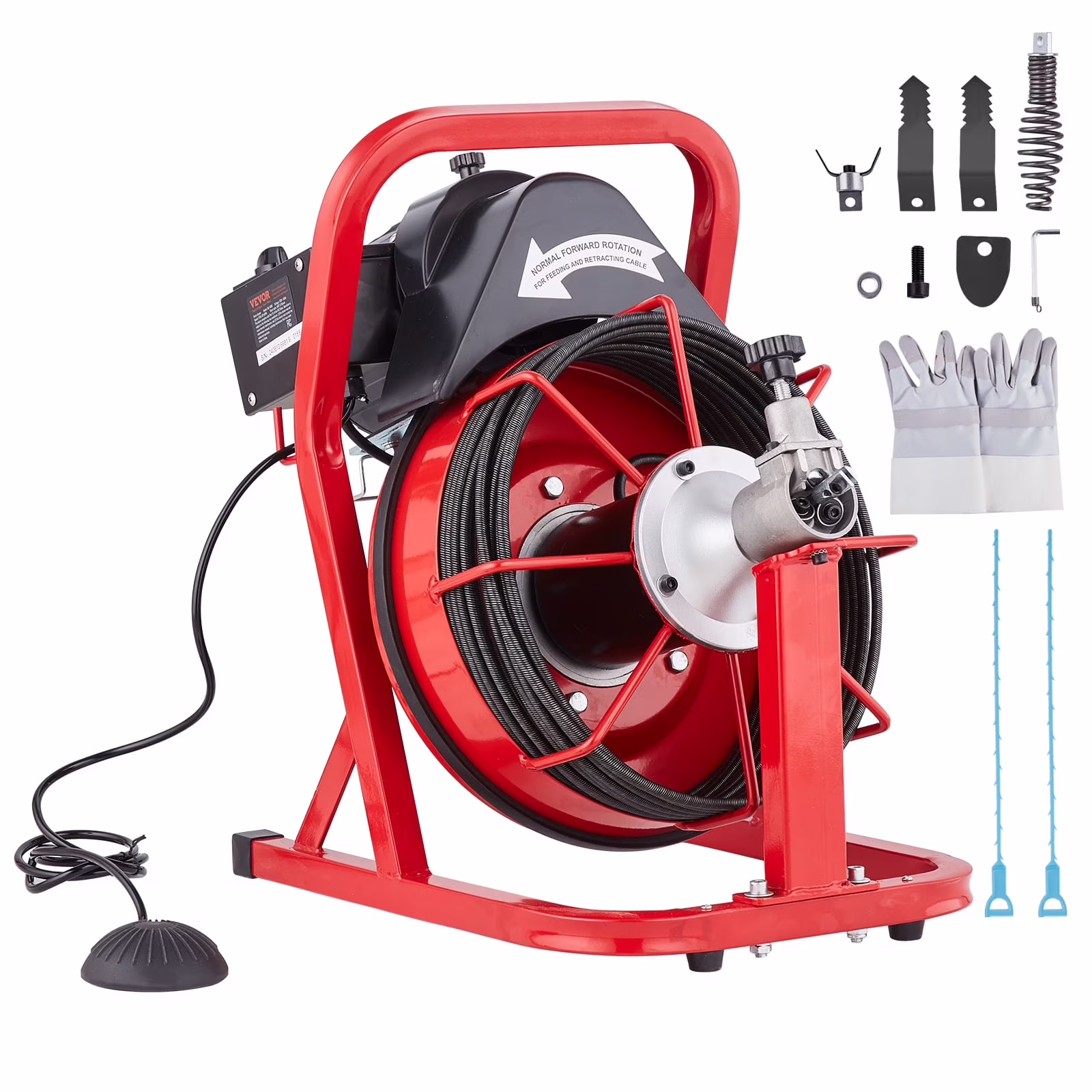 VEVOR Drain Cleaner Machine 50FT x 3/10 Inch, Auto Feed Sewer Snake Auger, Electric Drain Cleaning Machine with 4 Cutters & Air-activated Foot Switch for 2" to 4" Pipes