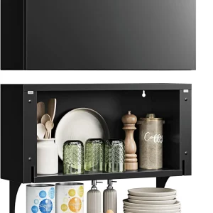 Metal Wall Storage Cabinet with Lock 2 Shelving Garage Storage Cabinet with Flip-Up Door Hanging Garage Cabinet for Kitchen Home Workshop,Assembly Required (Black Gray, 21.6''H)