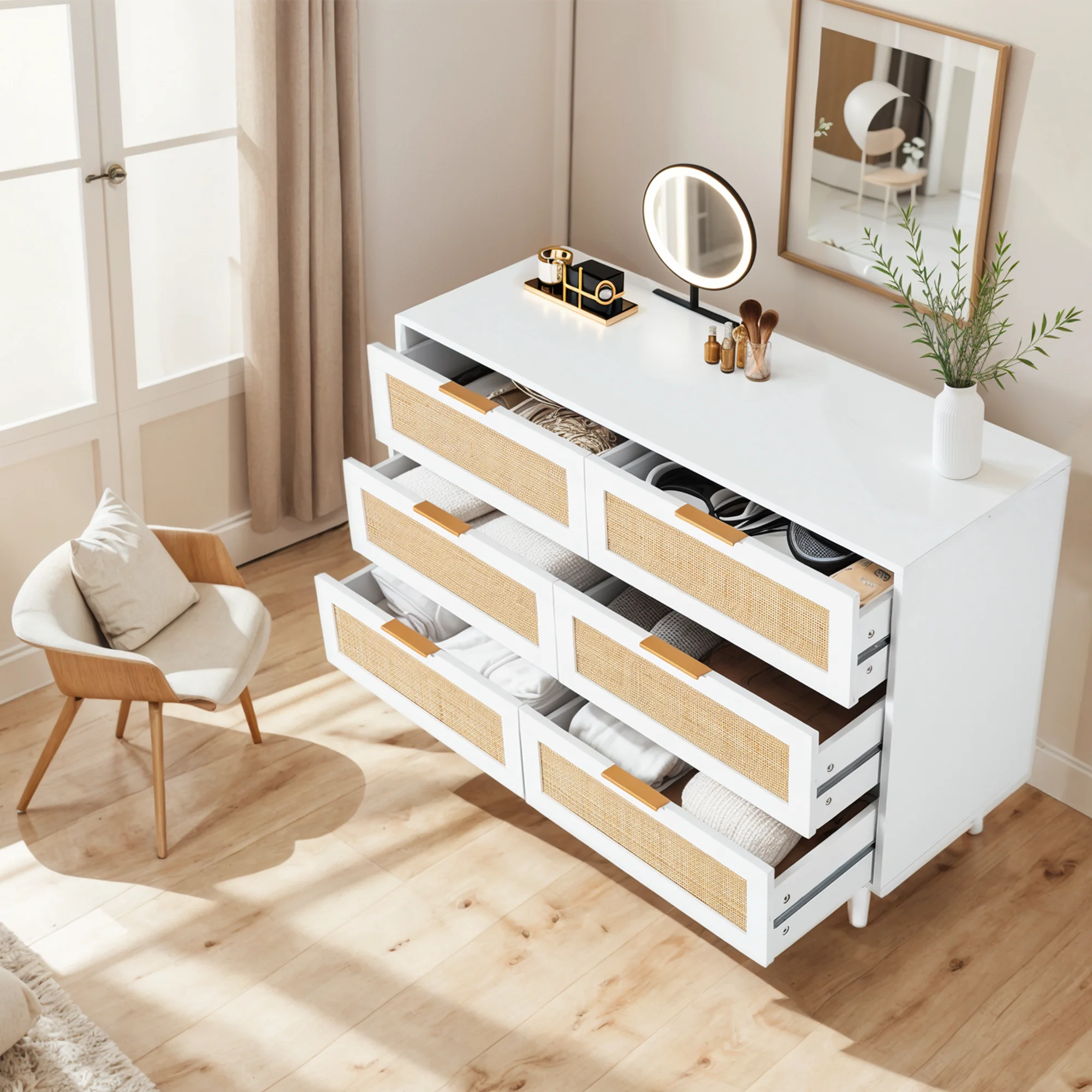 LAZZO 3 Modern Drawer Dresser Rattan, Wooden Dresser Chest of Large Storage Cabinet