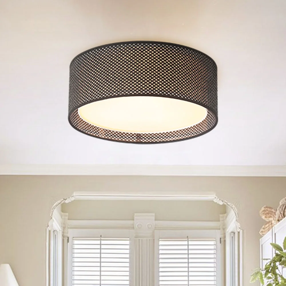 LEDET 15.7 in. Yellow Flush Mount Ceiling Light Rattan Weaving Shade Home Decor Pendant Lighting