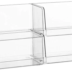 Set Of 4 Clear Pantry Organizer Bins Stackable Household Plastic Food Storage Basket with Wide Open Front for Kitchen, Countertops, Cabinets, Refrigerator, Freezer, Bedrooms, Bathrooms - 12" Wide