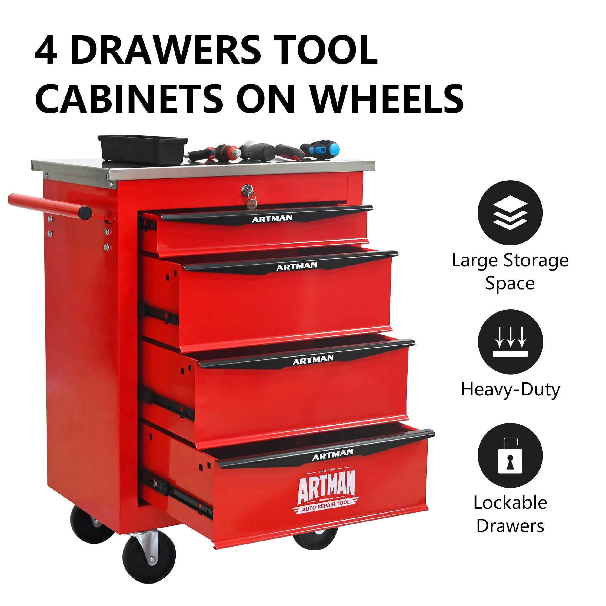 Tool Cabinets 4 Drawers Multifunctional Tool Cart with Wheels,Metal Rolling Tool Cart Storage for Garage Workshop Warehouse Repair Shop--With Stainless Steel Roof- Red&Black,Garage Tool Cabinets