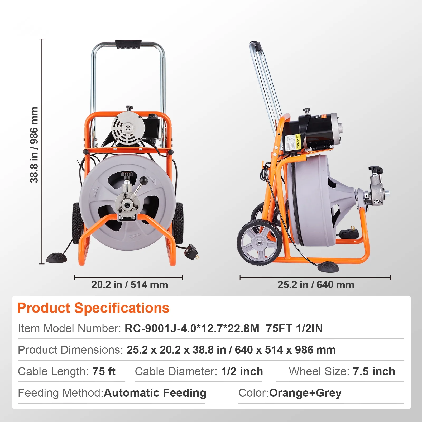 KFFKFF Drain Cleaning Machine 75FT x 1/2 Inch with Auto Feed, Mobile Drain Clearing Equipment, Includes 8 Cutters & Foot-operated Air Switch, Suitable for 2"-4" Pipes