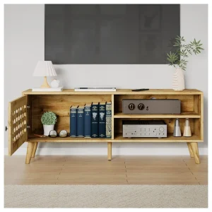 Rattan TV Stand, Fluted TV Stand with Storage, 47 inch Rattan Entertainment Center, Media Console Cabinet for Living Room, Bedroom 47'' -1 Door