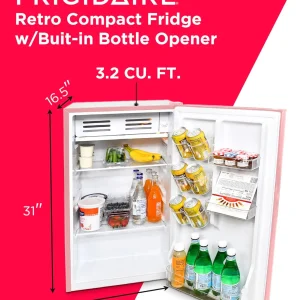 Frigidaire Retro Bar Fridge 3.2 Cu. Ft, Pink/Coral – Compact with Bottle Opener, Adjustable Thermostat & Shelves