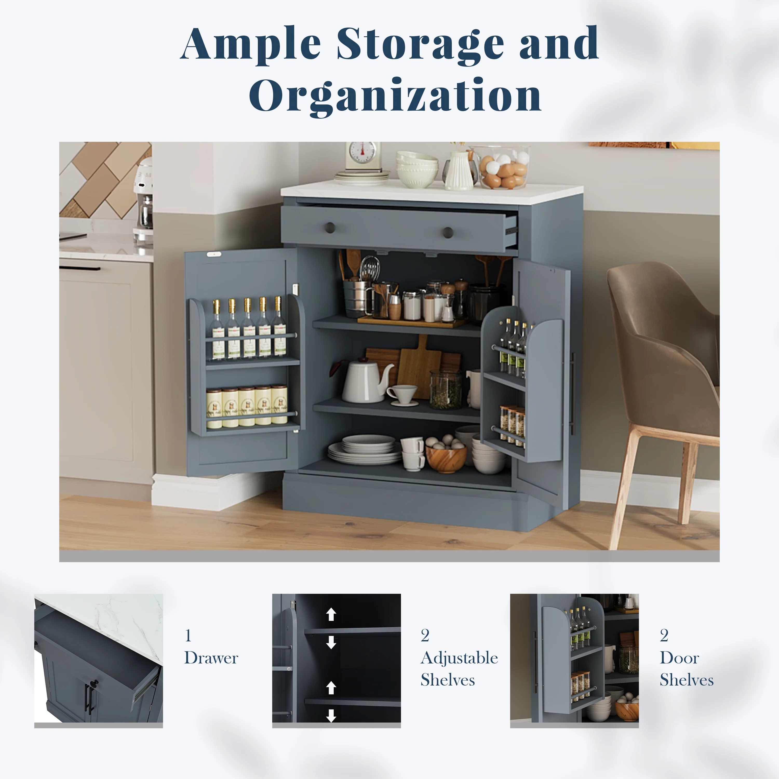 Euroco Modern Freestanding Kitchen Pantry,Buffet Food Storage, Coffee Bar Cabinet with Drawer, 2 Adjustable Shelves and 2 Door Shelves for Dining, Kitchen,White