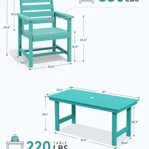 SERWALL 7-Piece Patio Table Set, Outdoor HDPE Dining Furniture with Umbrella Hole, All Weather Table and Chairs for Lawn, Garden, Poolside, Aruba