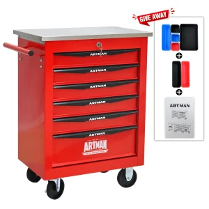 Tool Cabinets 4 Drawers Multifunctional Tool Cart with Wheels,Metal Rolling Tool Cart Storage for Garage Workshop Warehouse Repair Shop--With Stainless Steel Roof- Red&Black,Garage Tool Cabinets