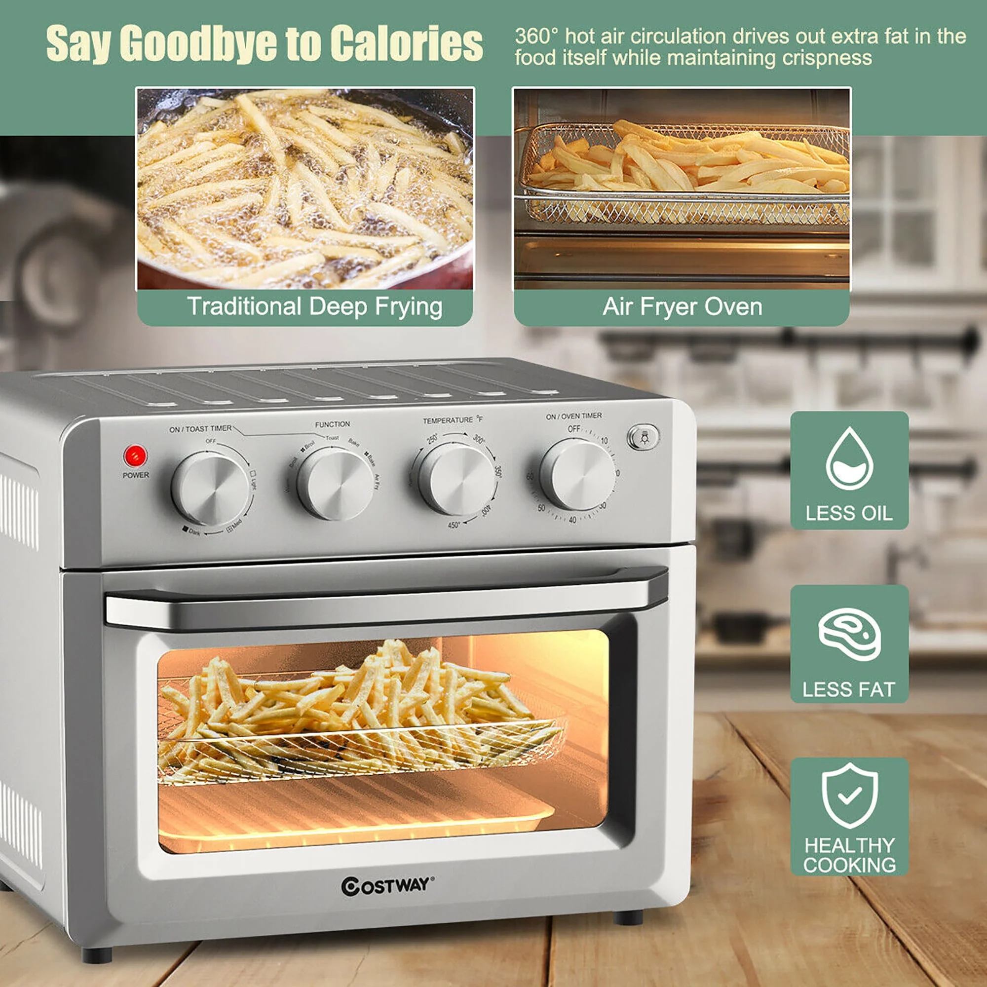 Costway 7-in-1 Air Fryer Toaster Oven 19 QT Dehydrate Convection Ovens w/ 5 Accessories