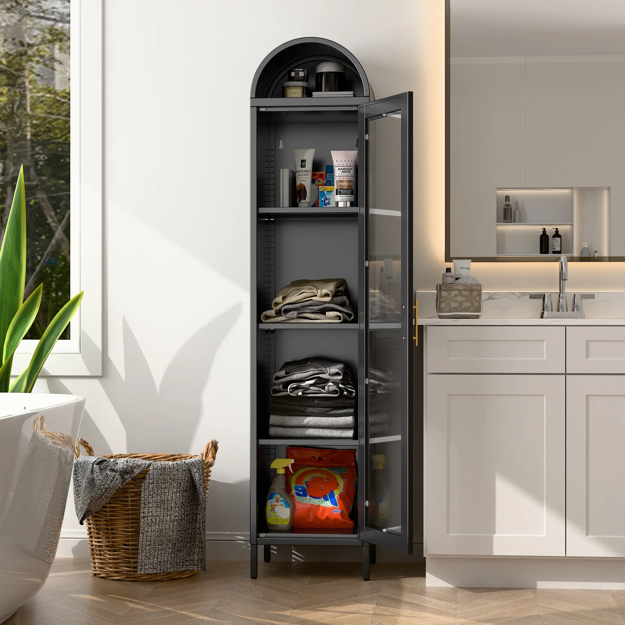 SUXXAN Metal Arched Storage Display Lockable Cabinets with Glass Doors and Adjustable Shelves, Assembly Required, Black