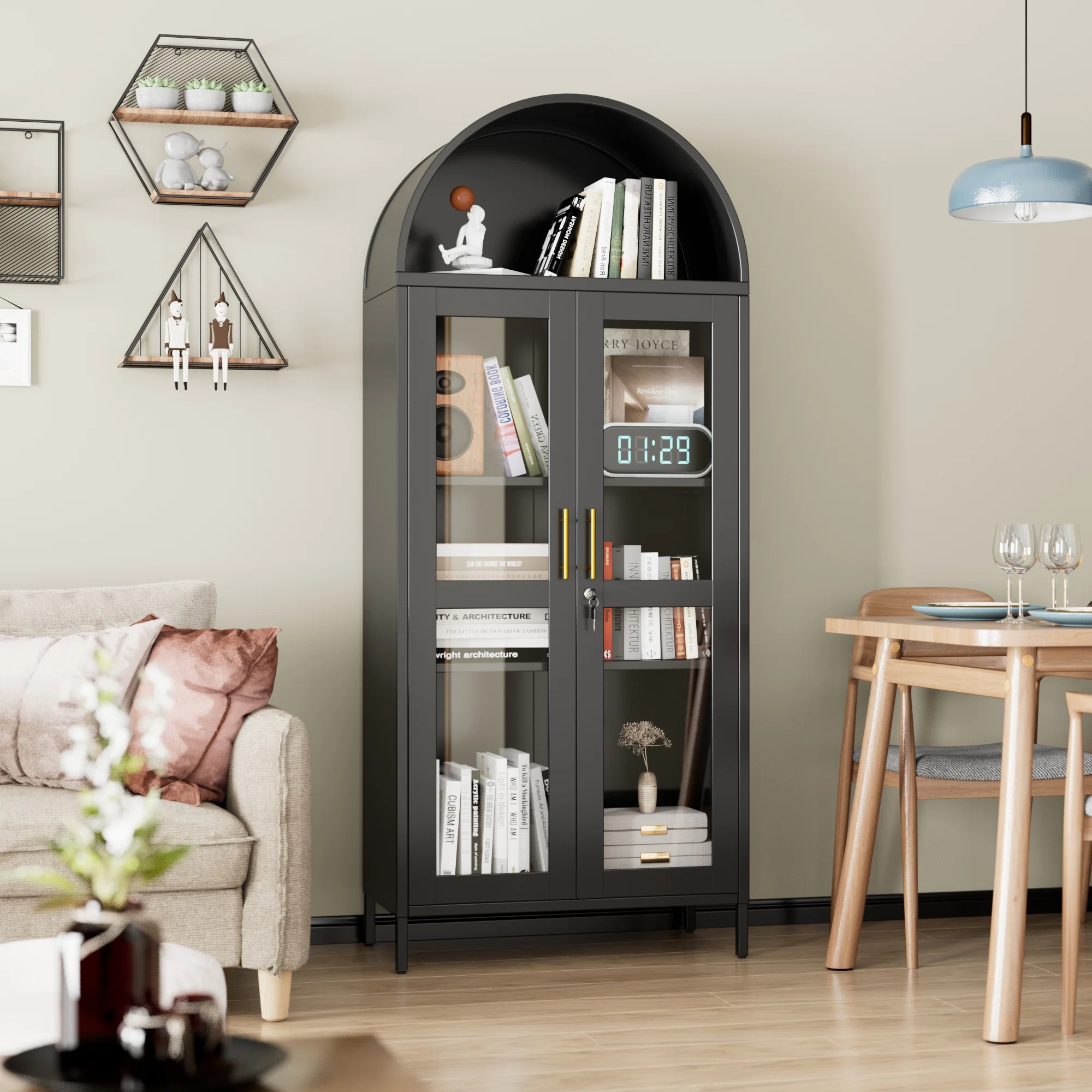 SUXXAN Metal Arched Storage Display Lockable Cabinets with Glass Doors and Adjustable Shelves, Assembly Required, Black