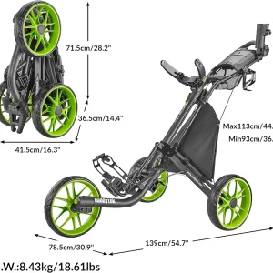 3Wheel Golf Push Cart - Golf Trolley Foldable Collapsible Lightweight Pushcart with Foot Brake - Easy to Open & Close