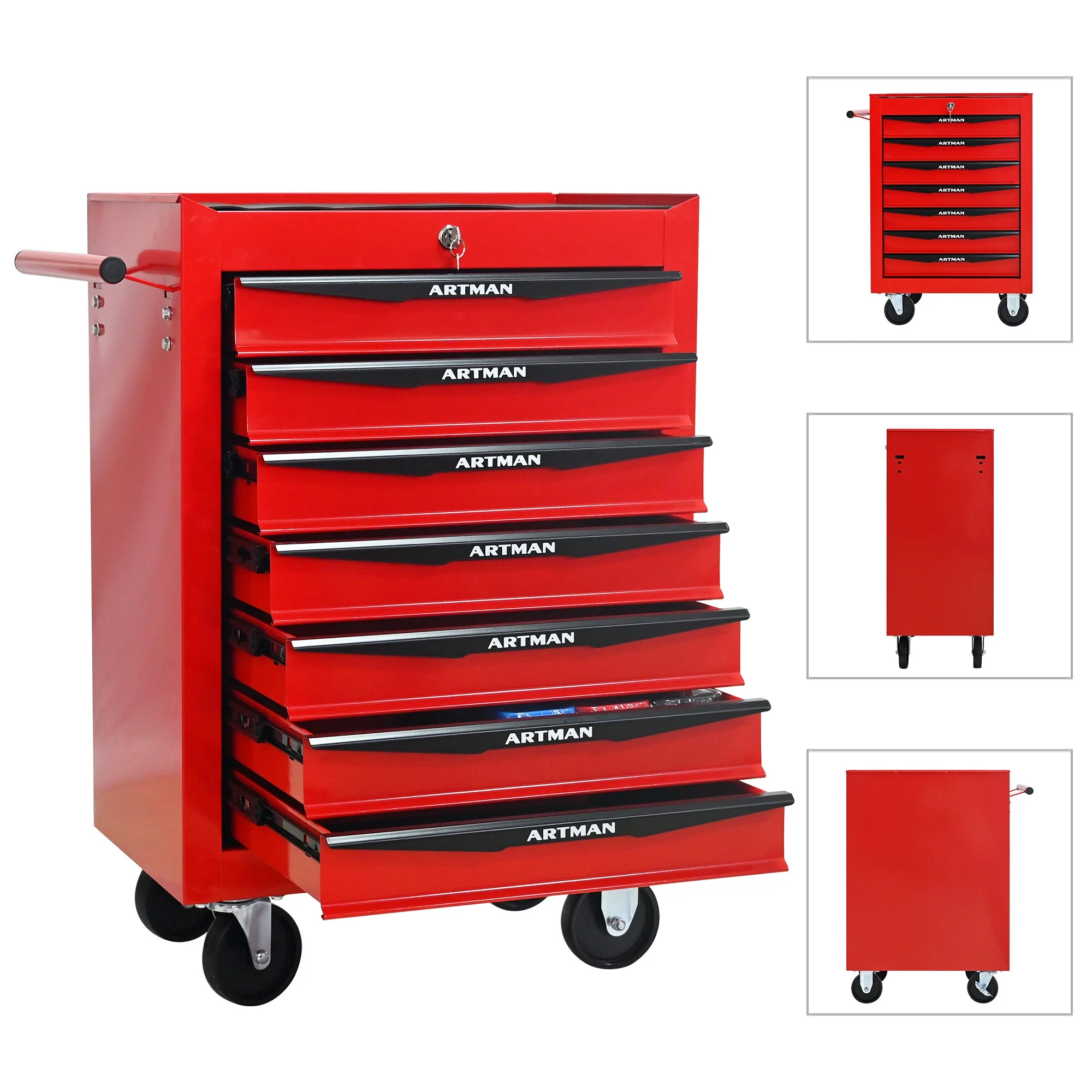 Tool Cabinets 4 Drawers Multifunctional Tool Cart with Wheels,Metal Rolling Tool Cart Storage for Garage Workshop Warehouse Repair Shop--With Stainless Steel Roof- Red&Black,Garage Tool Cabinets