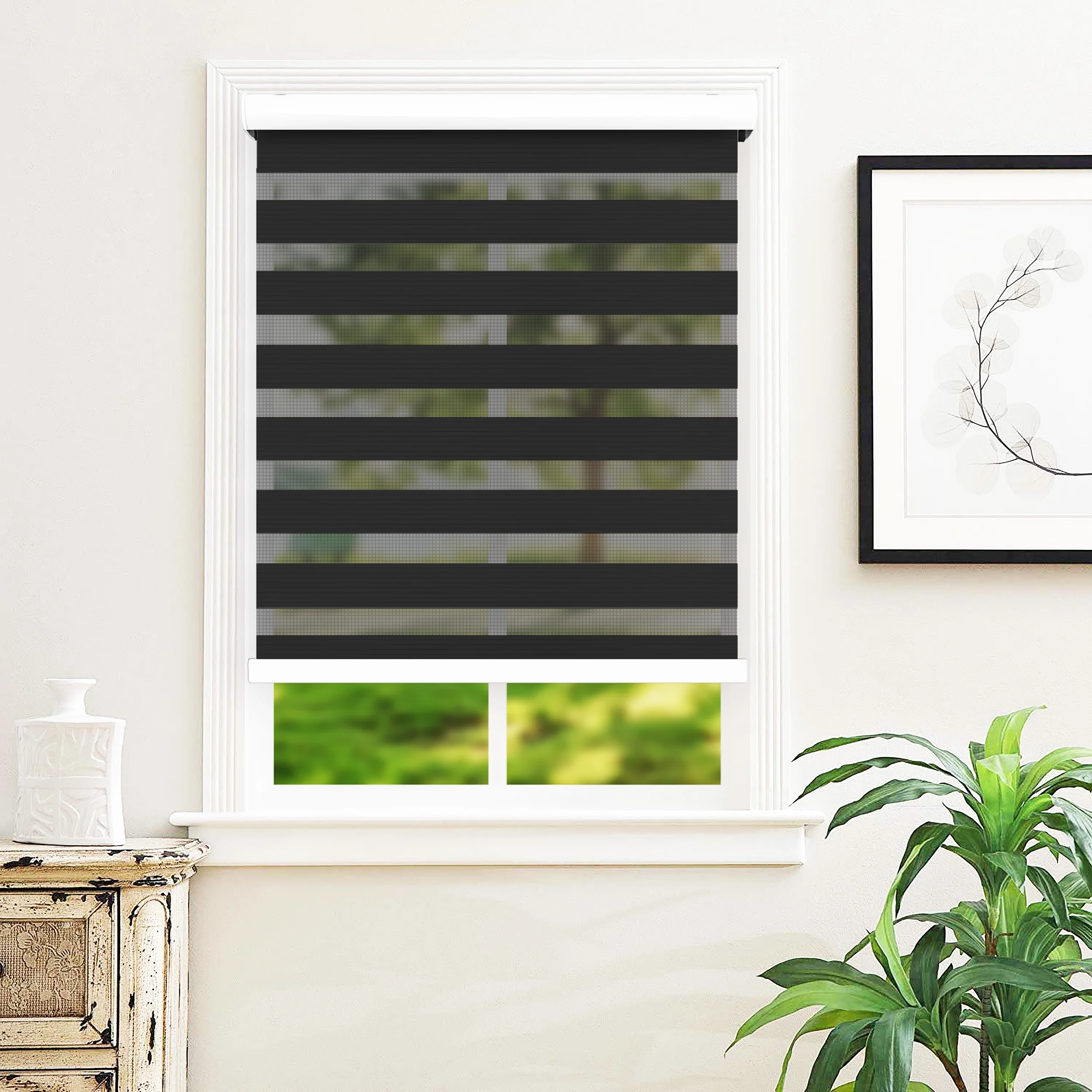 Zebra Cordless Window Blinds, Dual Layered Light Filtering Roller Shades, Easy Install Blinds, Indoor Home Decor, Pull-Down Shades for Windows, Light Control for Day & Night, Black, 22"W X 72"H