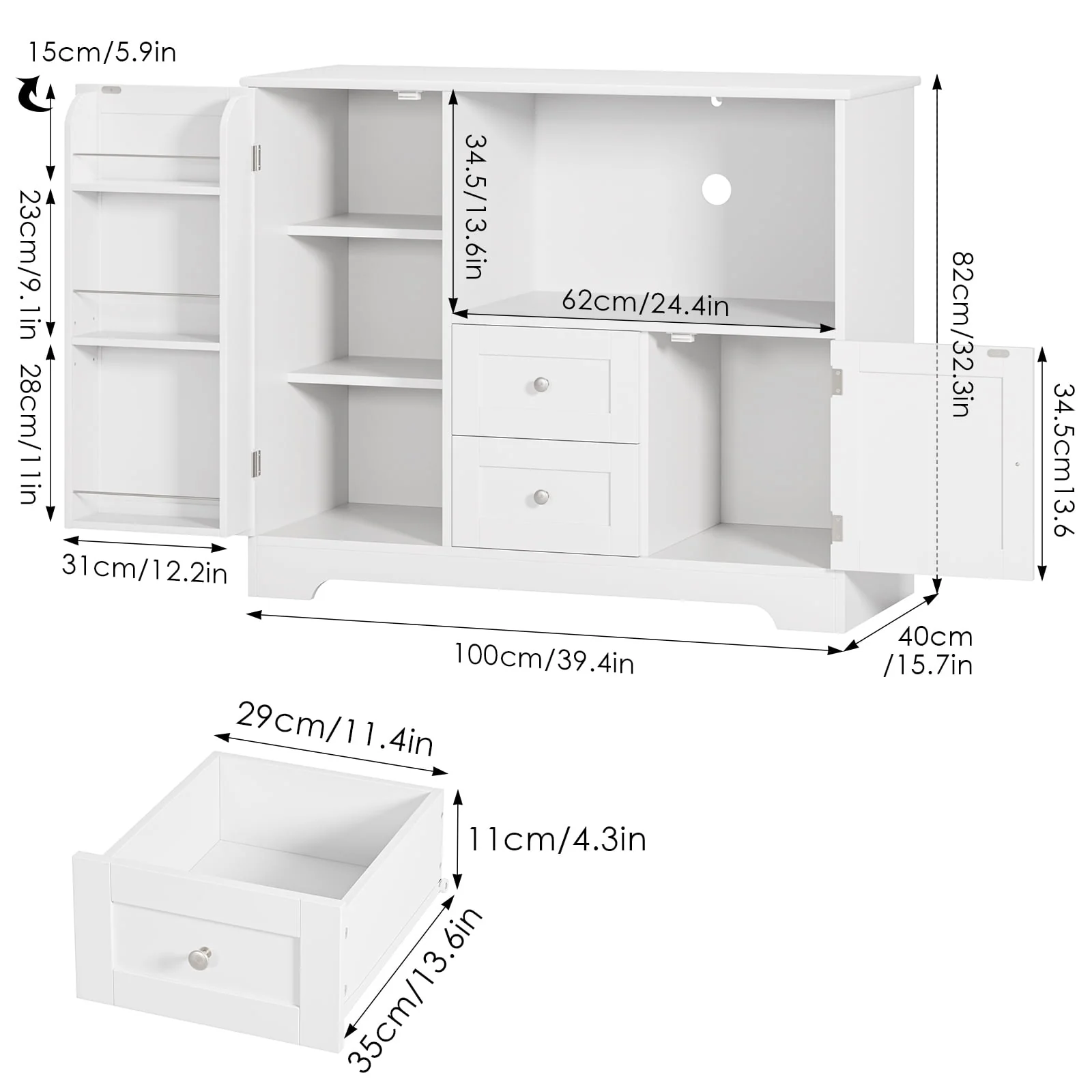Homfa 40'' Kitchen Storage Cabinet, Buffet Cabinet Sideboard with Drawers and Adjustable Shelves, Microwave Cabinet for Dining Room, White