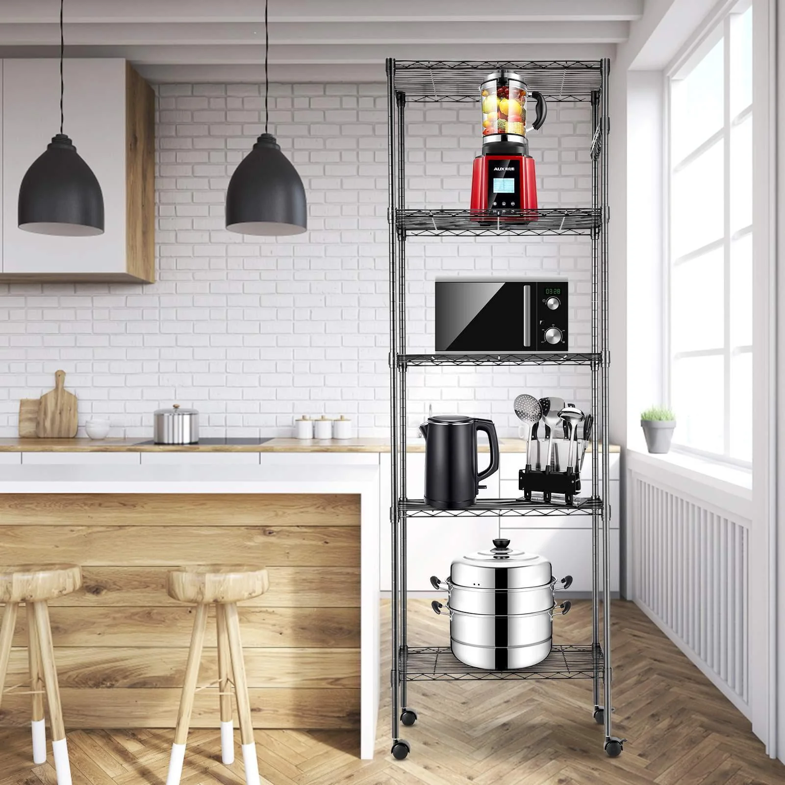 5-Tier 600 lbs Carrying Capacity Wire Shelf 72" Steel Shelf Tier Height Adjustable Metal Racks with 4 Wheels & 4 Hooks for Garage Kitchen Storage Organizer Shelving Unit