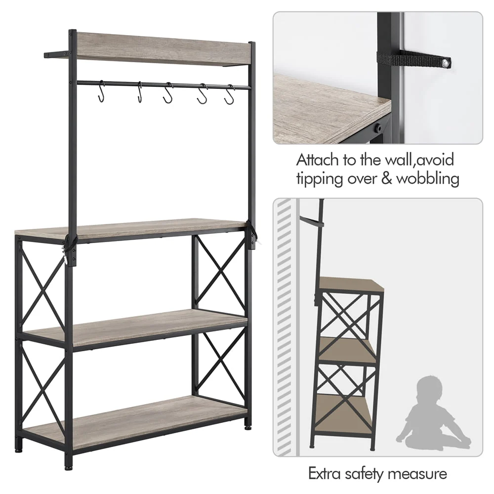 SmileMart 4-Tier Bakers Rack Kitchen Storage Shelf with S-Hooks, Gray