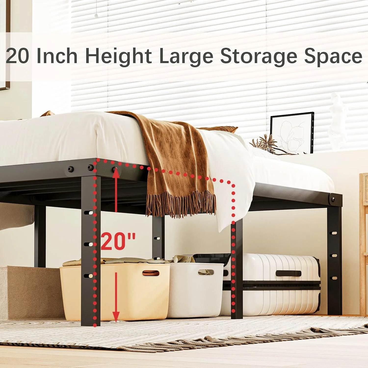 20 Inch King Bed Frame No Box Spring Needed, Heavy Duty Tall Metal Platform with Large Storage Space, Easy Assembly Strong Bearing Capacity, Noise Free