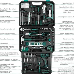 MY Tool Set: 12V Cordless Drill Kit with Hand Toolbox and Storage Case, Mechanic Tool Set for Home Repairs, Portable Power Drill and Tools, Green
