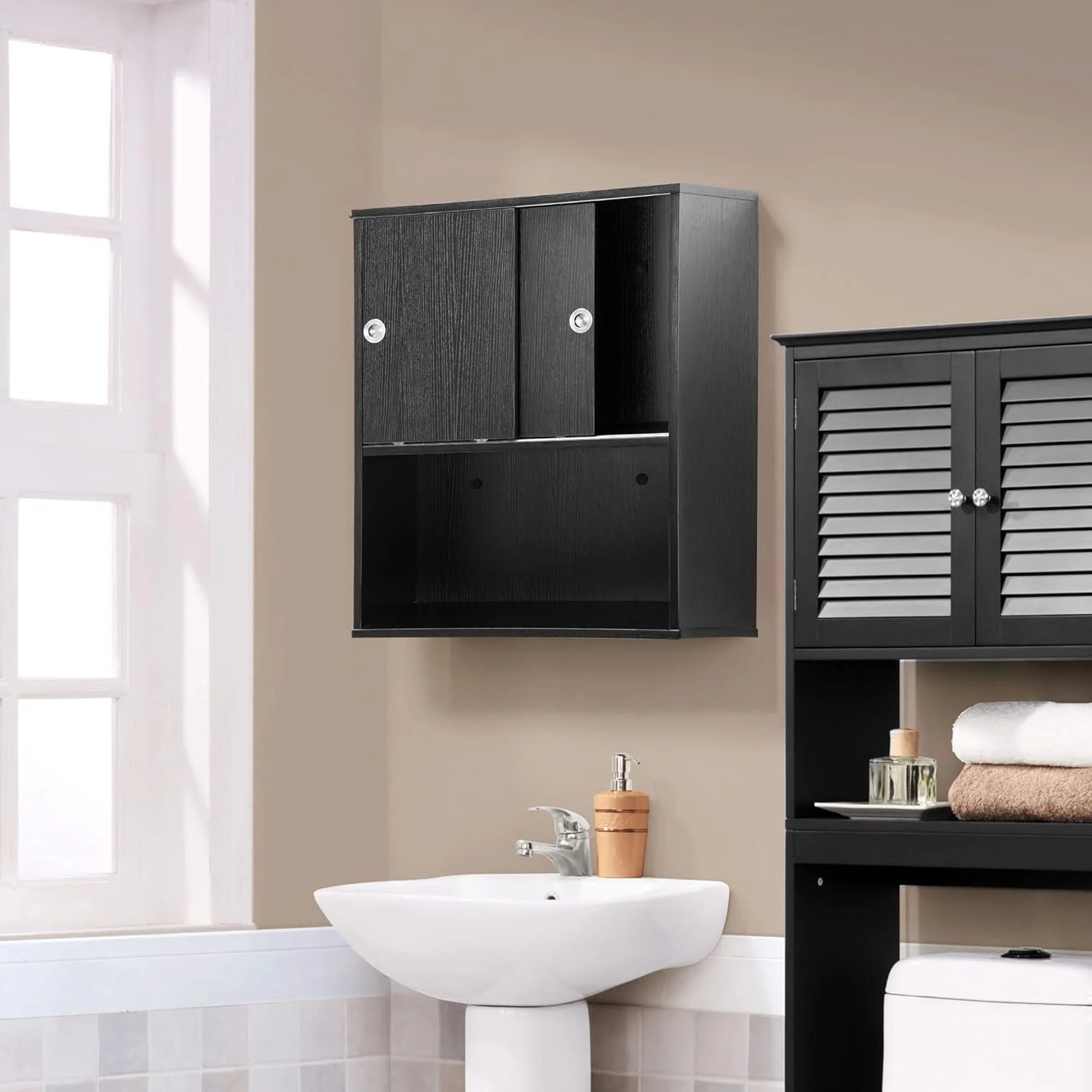 BarberPub Wall Mounted Bathroom Storage Cabinet with Sliding Door and Shelf, Salon Storage Equipment, 30"(H)x 23.6"(W), Black