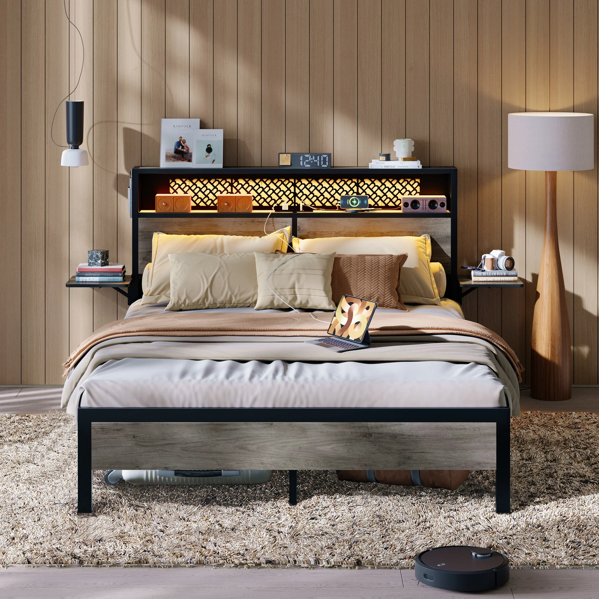 Bestier Queen Size Platform Bed Frame with Wood Foldable Bedside Shelves and LED Storage Headboard Charge Station, Gray