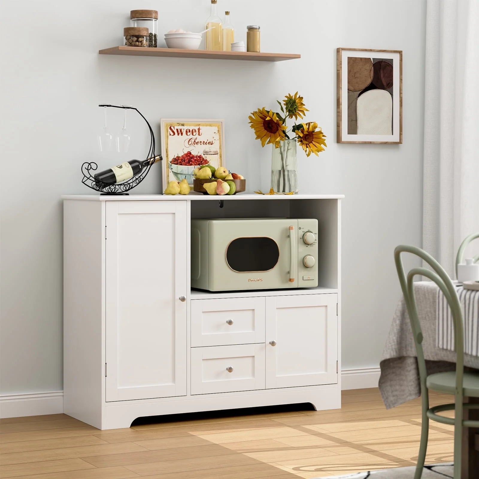 Homfa 40'' Kitchen Storage Cabinet, Buffet Cabinet Sideboard with Drawers and Adjustable Shelves, Microwave Cabinet for Dining Room, White