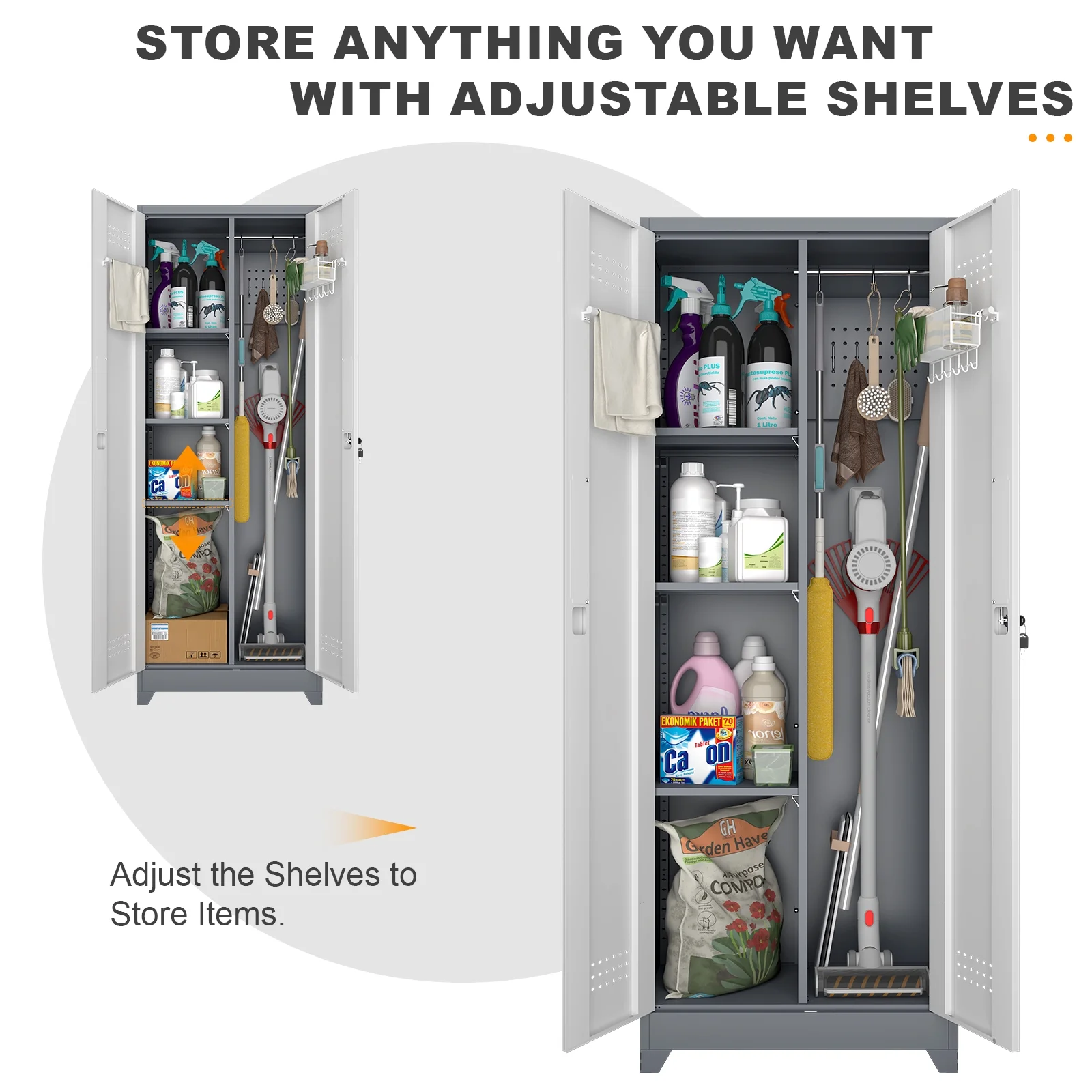 Marcree Broom Closet Storage Cabinet with Lock,65" Tall Garage Storage Cabinet with Hanging Rod,Multifunctional Garage Storage Broom Closet with Doors,Cleaning Tool Cabinet