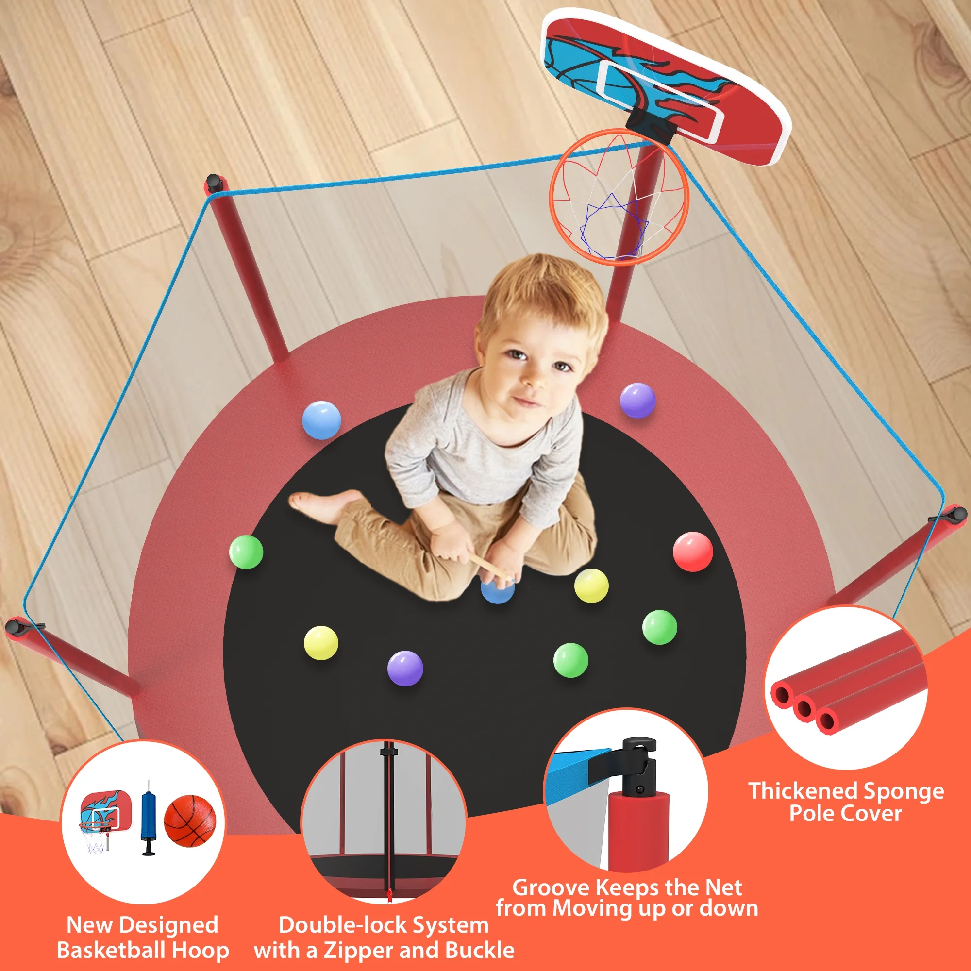 CITYLE Trampoline for Kids, No Gap Design 600LBS 66'' 5.5FT Toddler Trampoline Indoor Outdoor with Basketball Hoop, Mini Small Trampoline with Enclosure, Christmas Gifts for Toddlers, Boys & Girls