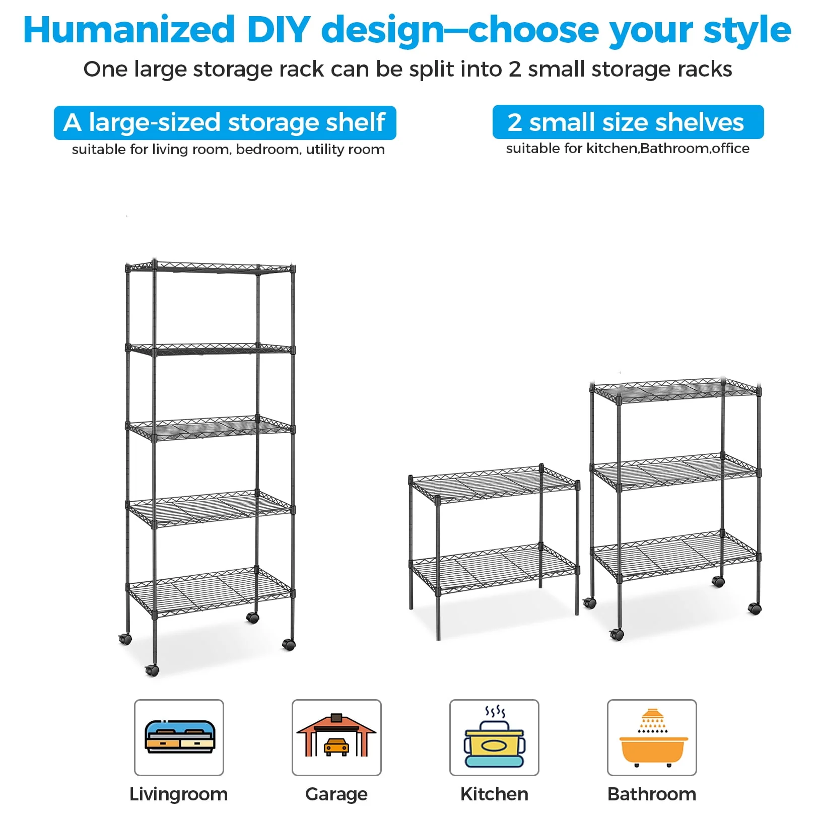 5-Tier 600 lbs Carrying Capacity Wire Shelf 72" Steel Shelf Tier Height Adjustable Metal Racks with 4 Wheels & 4 Hooks for Garage Kitchen Storage Organizer Shelving Unit