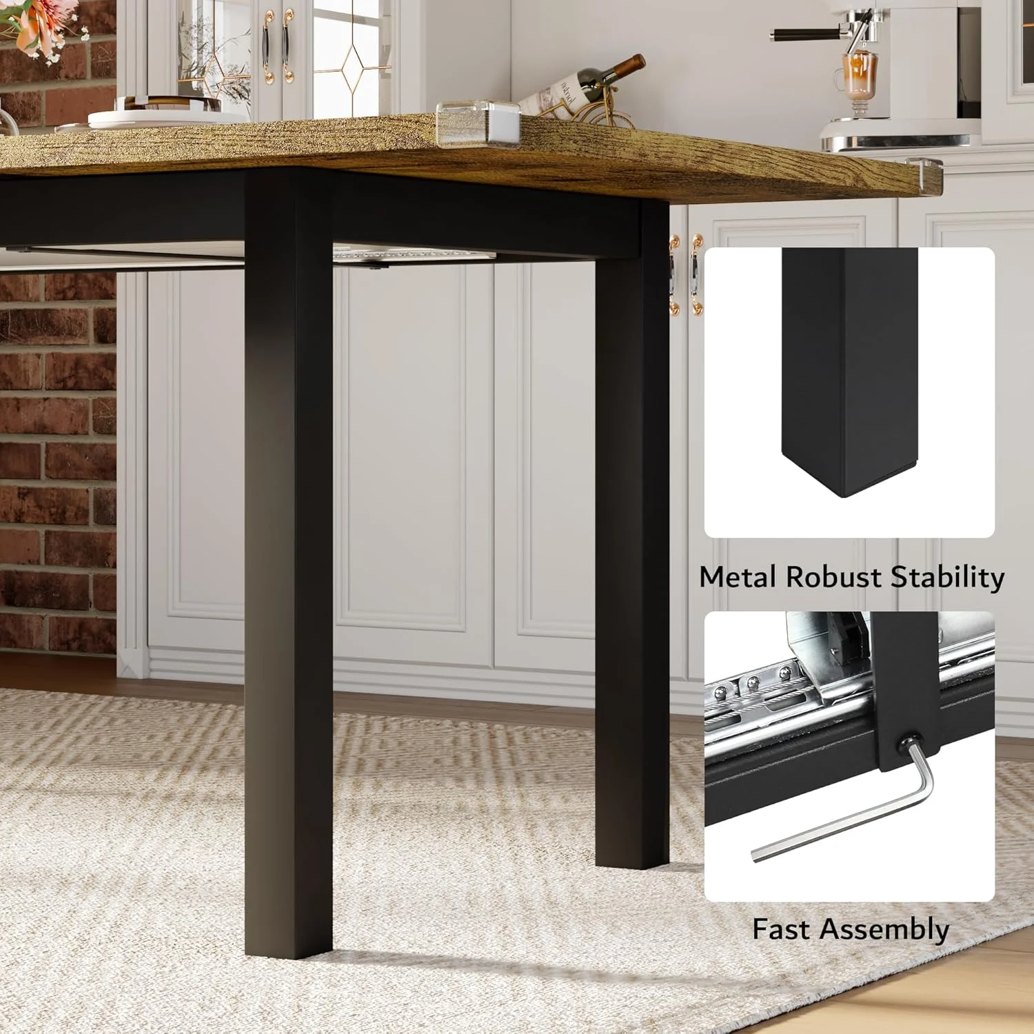 iPormis 63" Extendable Dining Table for 4-8, Square Wooden Dining Room Table with Metal Base, Modern Extendable Table for Small Kitchens, Dining Office Areas, Black