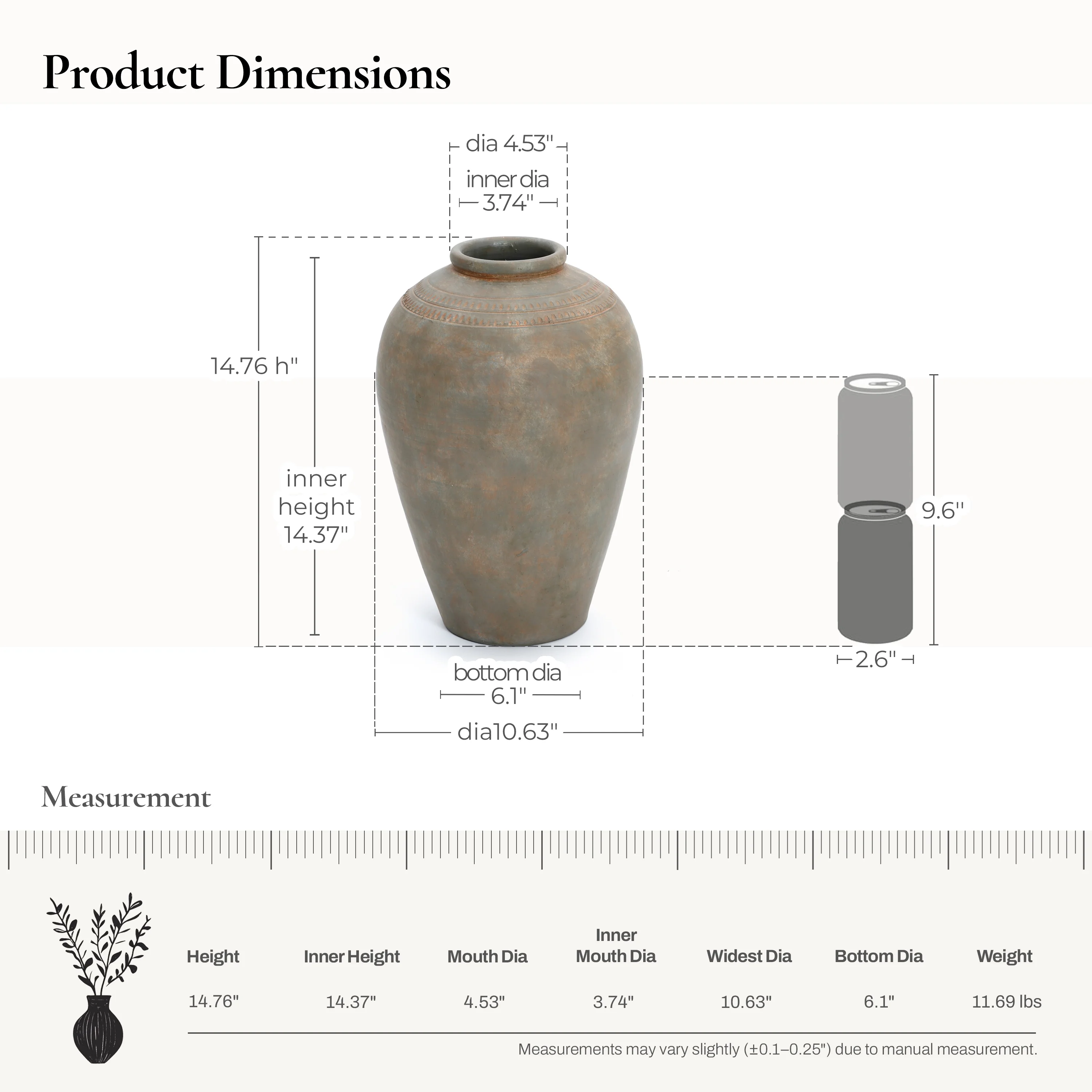LuxenHome Rustic Ceramic Flower Vase, 14'' Brown Terracotta Urn Vases for Room Decor, Vintage Pottery Living Room Decor, Modern Farmhouse Floor Vase Home D-cor Accents