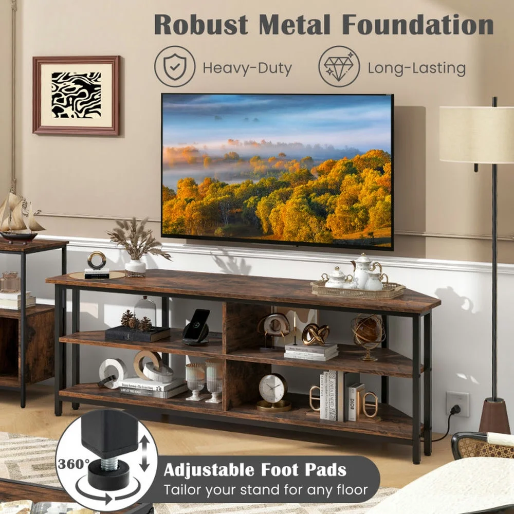 Canddidliike 3-Tier Corner TV Stand for TVs up to 65 Inches with Charging Station- Rustic Brown, Cabinet Media Console with Storage for Living Room Bedroom