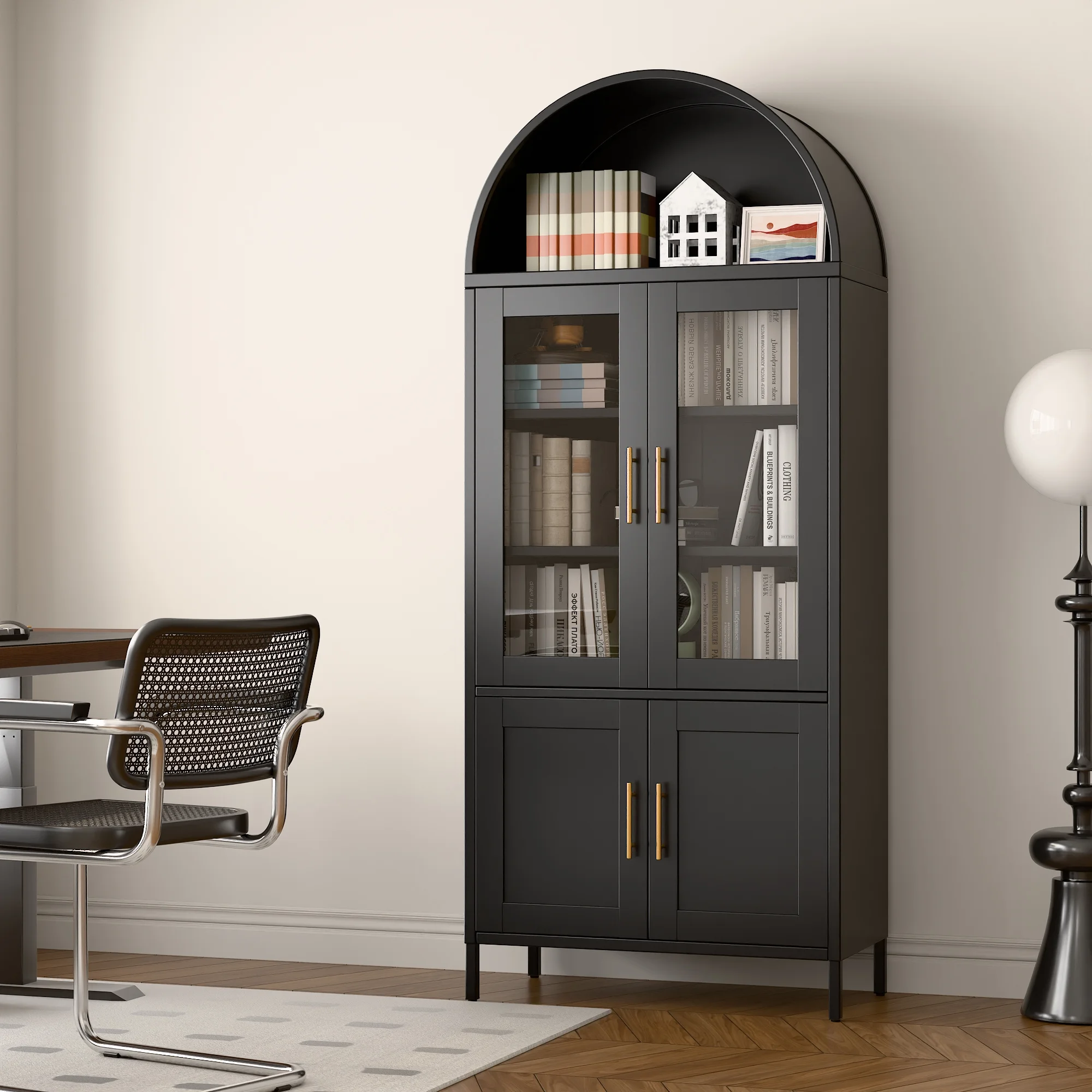 SUXXAN Metal Arched Storage Display Lockable Cabinets with Glass Doors and Adjustable Shelves, Assembly Required, Black