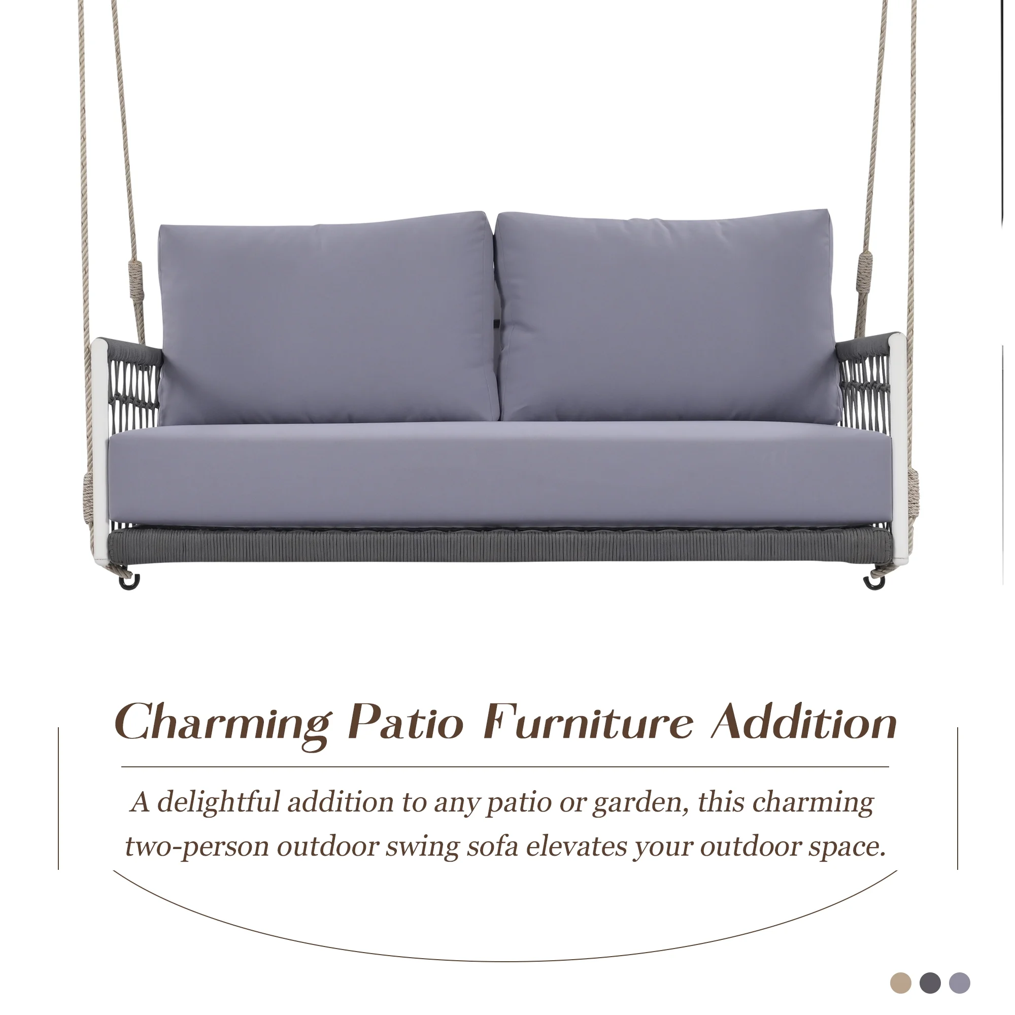 Harper & Bright Designs PE Ratten Porch Swing Chair, 2-Seater Hanging Swing Bench with Chains, All Weather Design Patio Furniture Swing for Backyard Garden Poolside, Grey and White