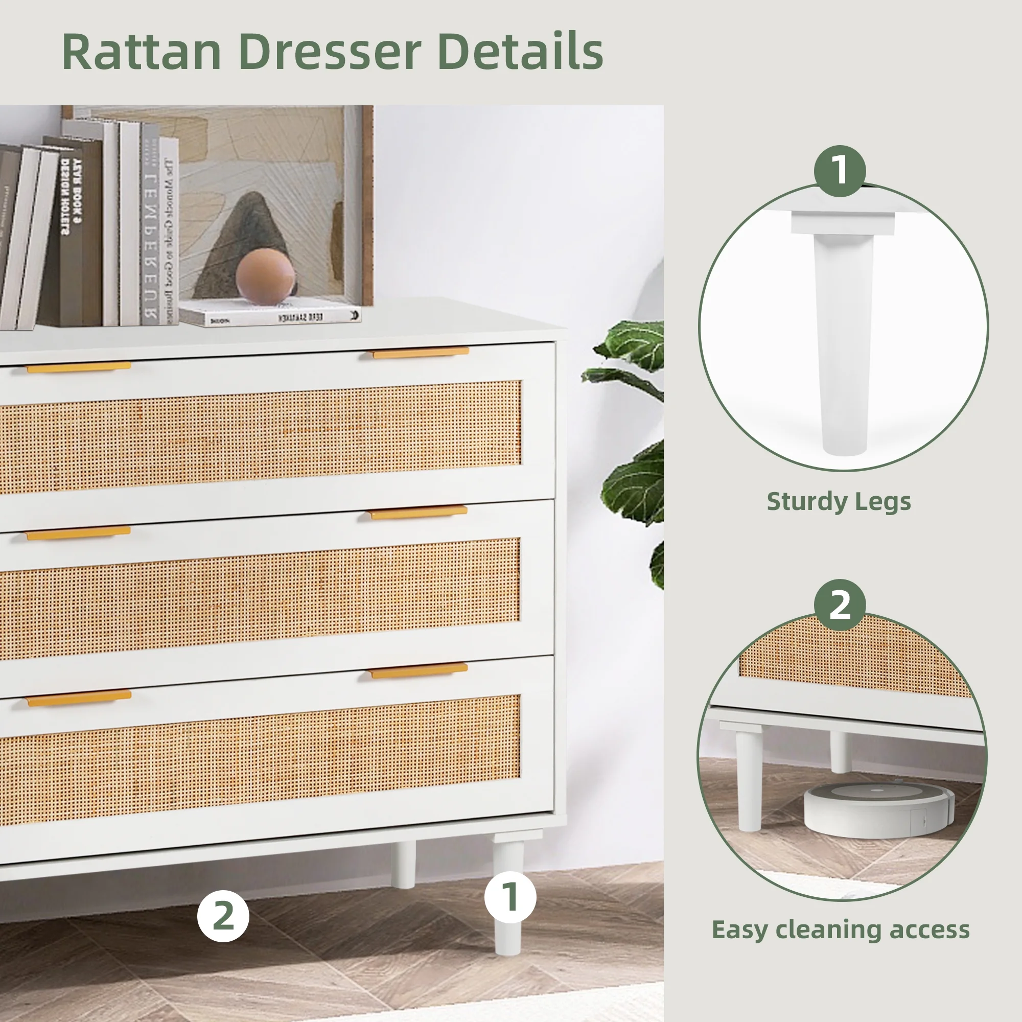 LAZZO 3 Modern Drawer Dresser Rattan, Wooden Dresser Chest of Large Storage Cabinet