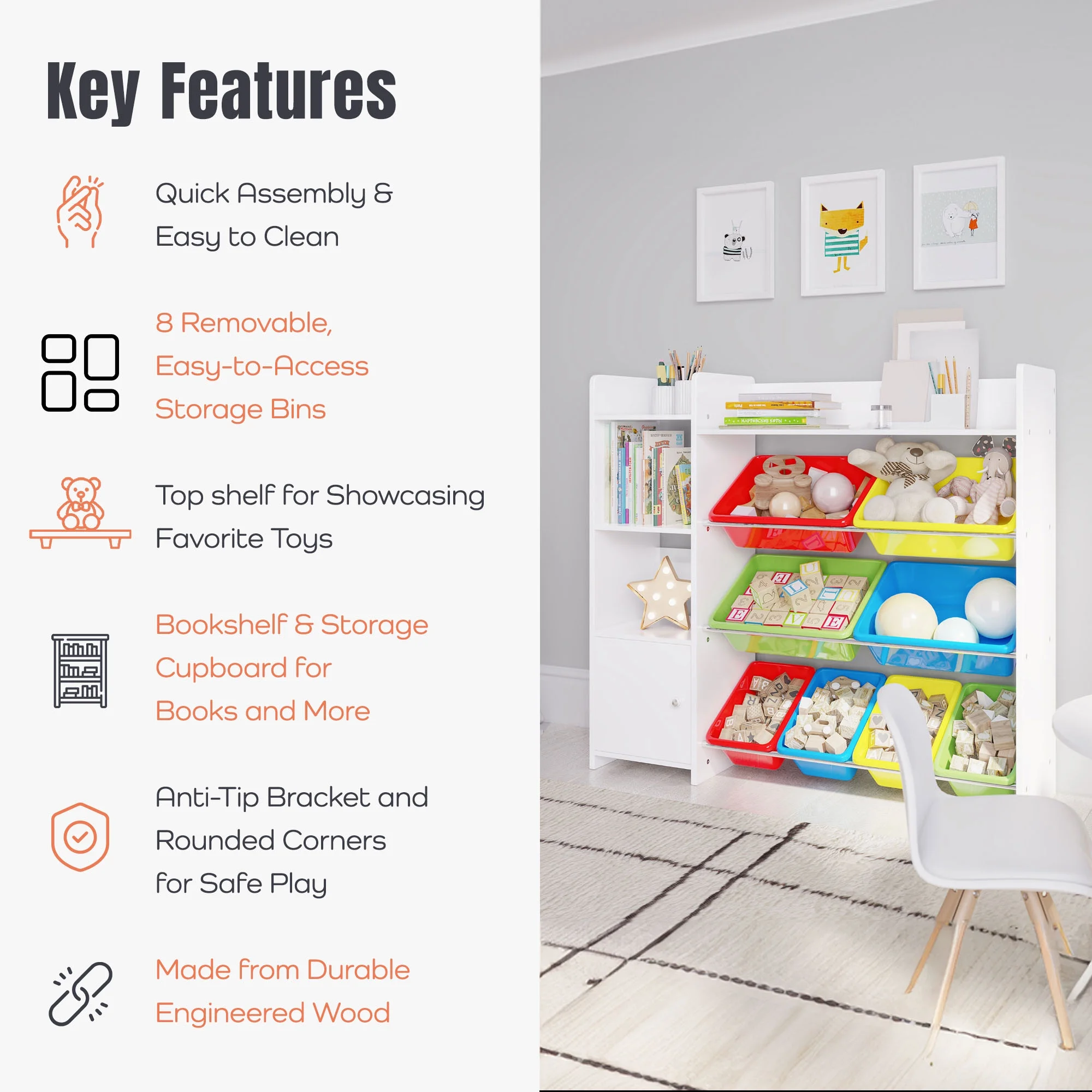 Sturdis Kids Toy Storage Organizer With Bookshelf and White Bins
