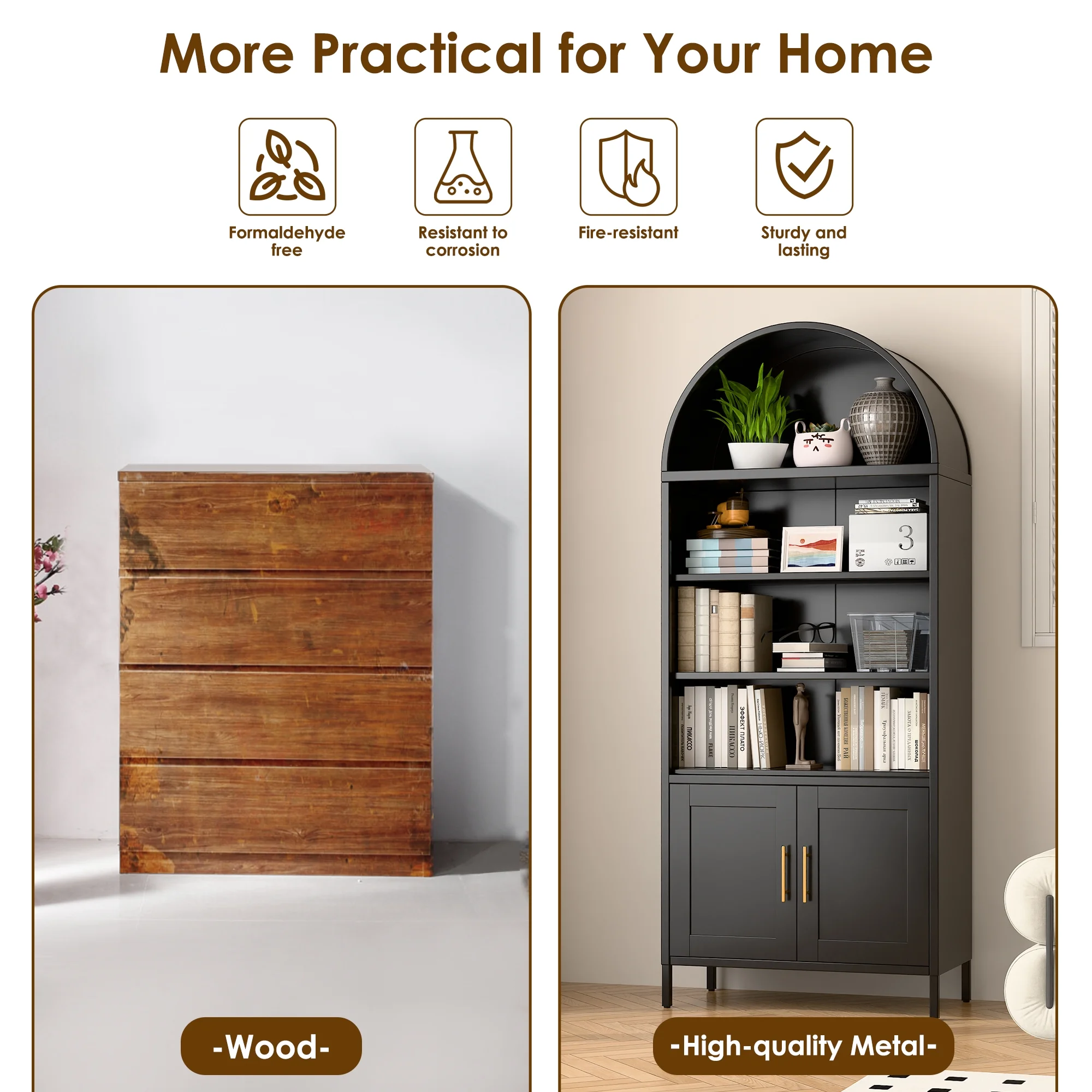 SUXXAN Metal Arched Storage Display Lockable Cabinets with Glass Doors and Adjustable Shelves, Assembly Required, Black
