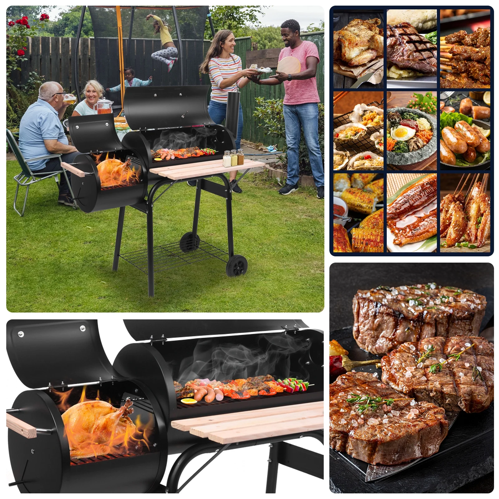 Clearance Charcoal Grill, Portable Oil Drum Charcoal Furnace with Stainless Steel BBQ Smoker, Wood Shelf, Thermometer, Wheels, for patio, Pool, Camping