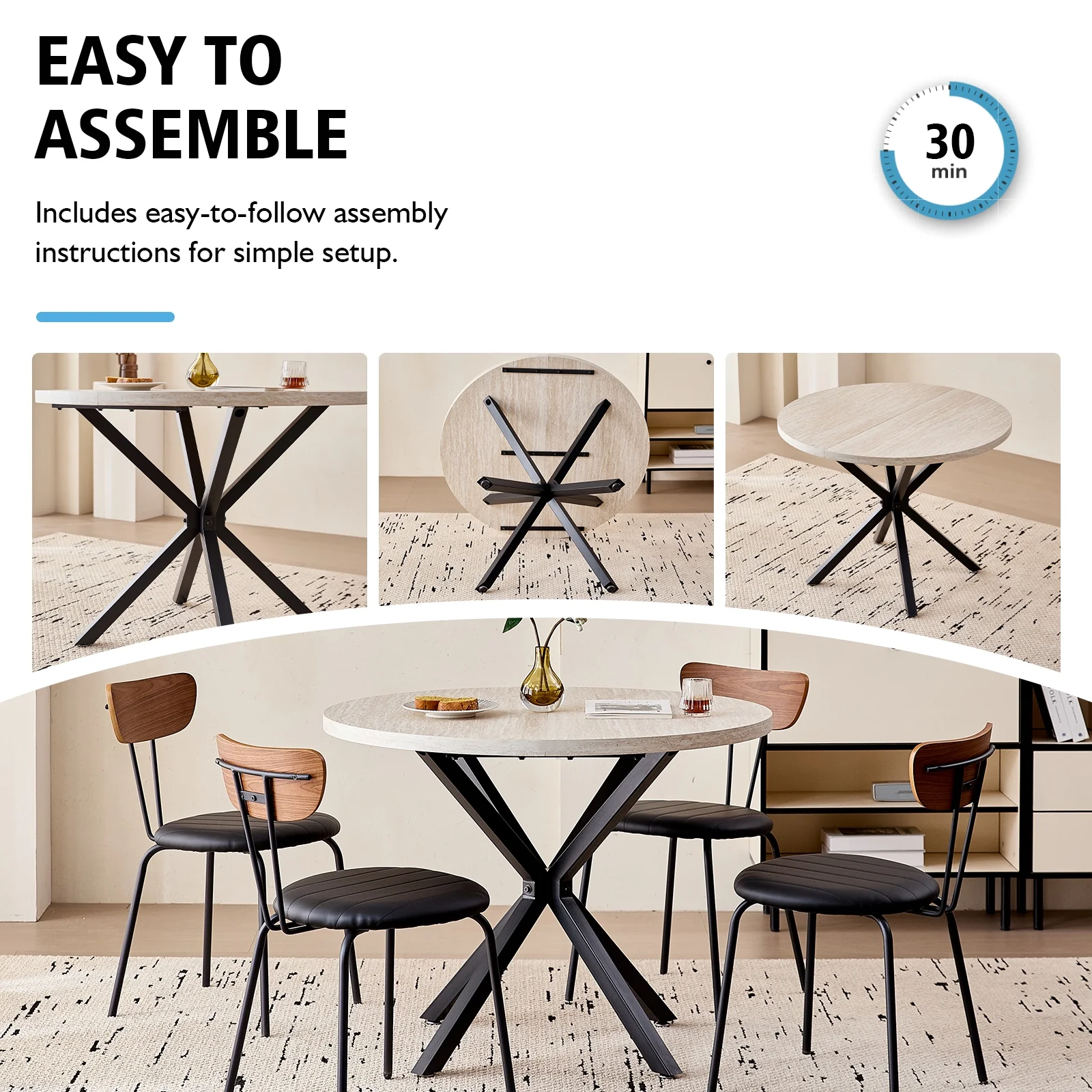 39- Round Dining Table, Modern Small Kitchen Table for 4 with X-Shaped Metal Legs and 1.2" Thickness Tabletop for Kitchen Dining Room, Coffee Table, Oak
