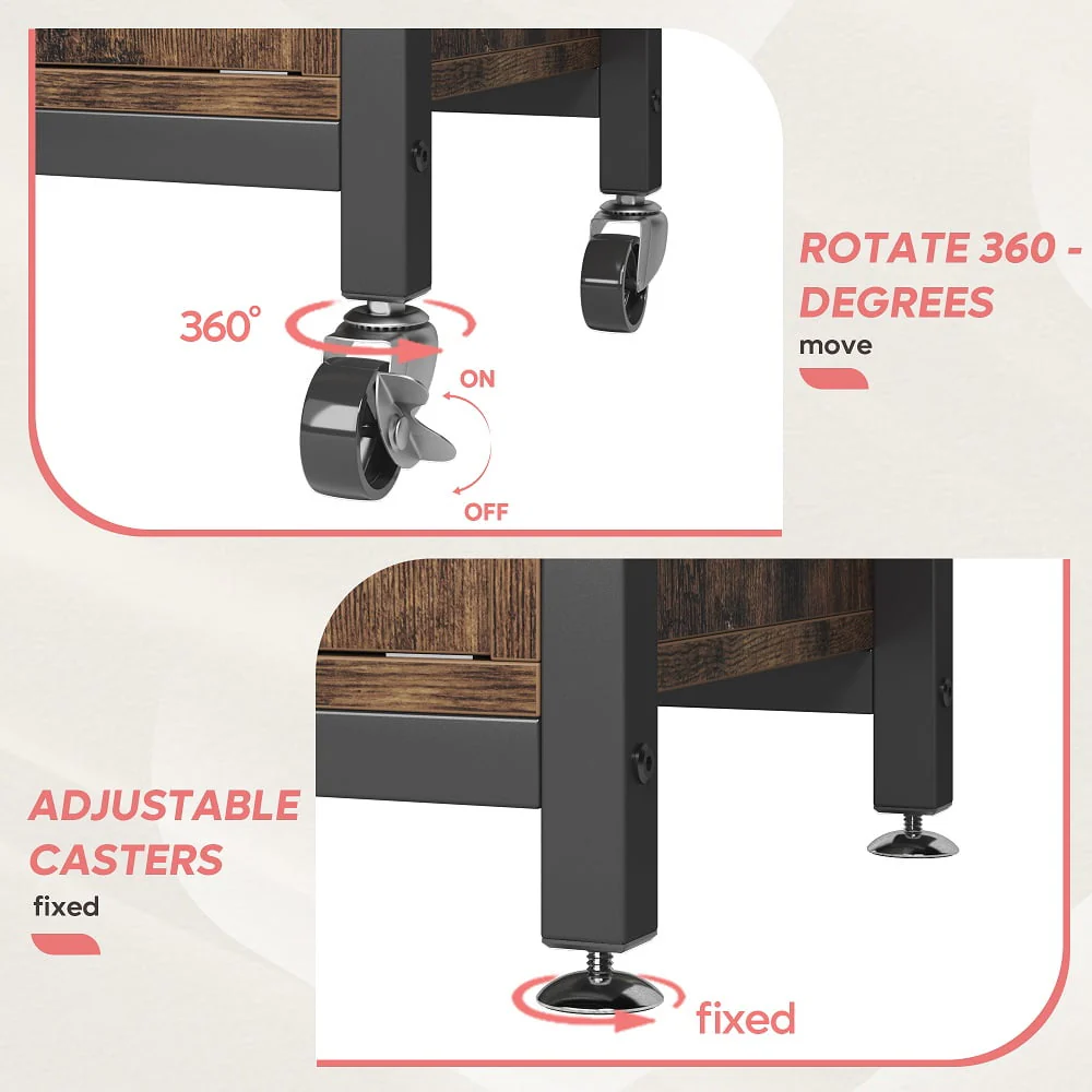 Bestier 3-Tier Baker's Rack with Cabinet, Kitchen Storage Shelves, Microwave Oven Stand, Coffee Bar with Hooks in Rustic